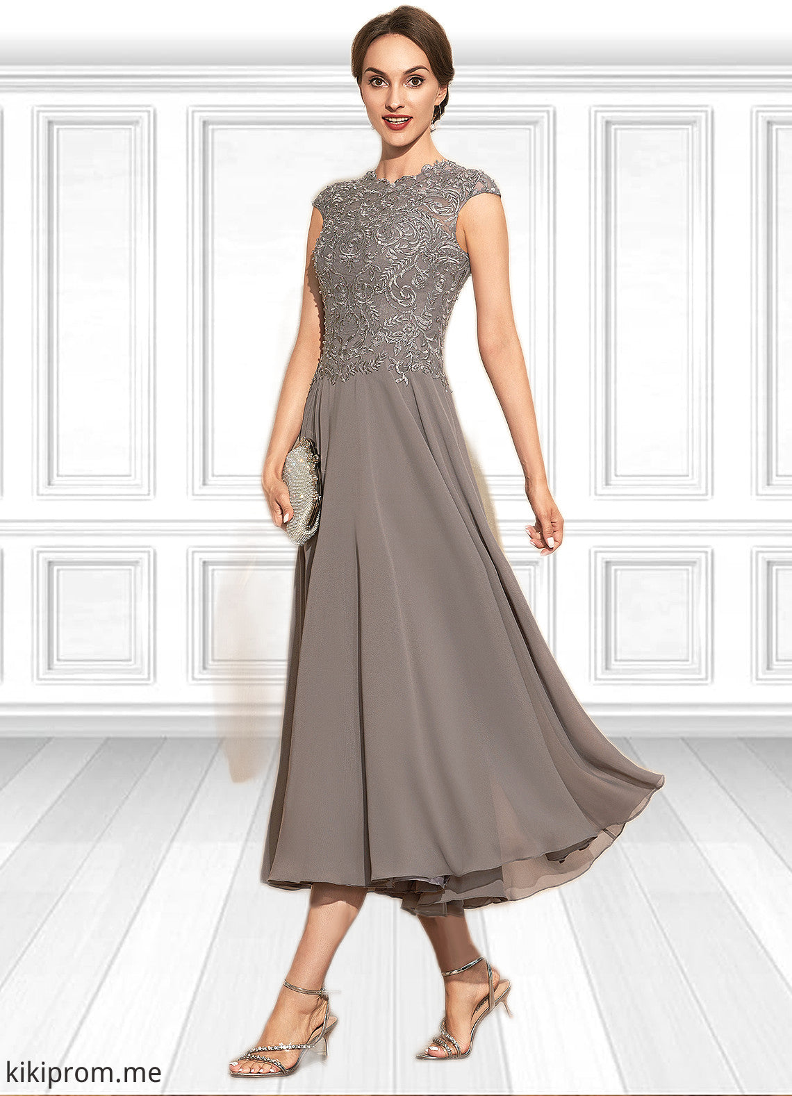 Dylan A-Line Scoop Neck Tea-Length Chiffon Lace Mother of the Bride Dress With Beading STF126P0014774