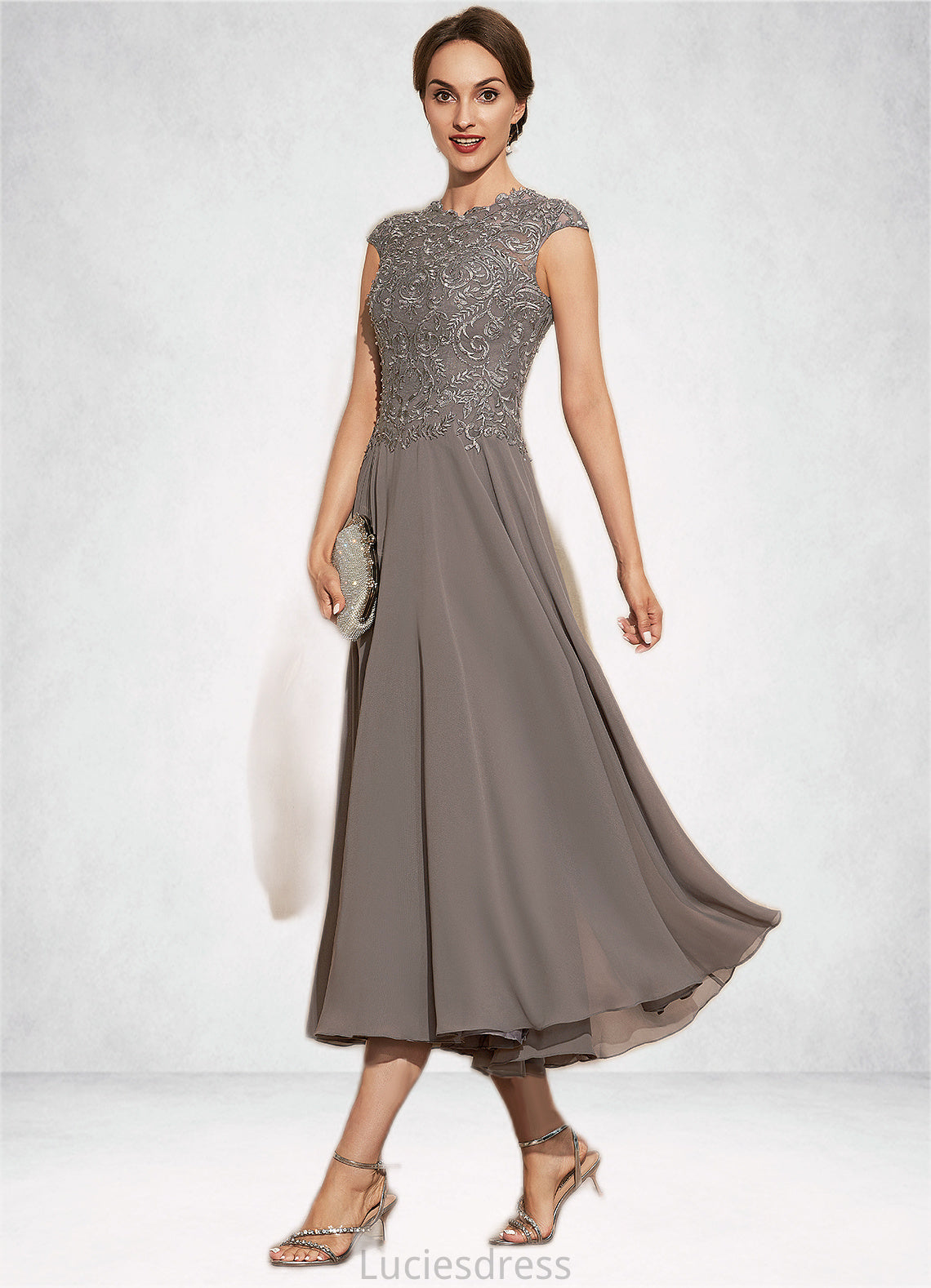 Alyson A-Line Scoop Neck Tea-Length Chiffon Lace Mother of the Bride Dress With Beading HF126P0014774