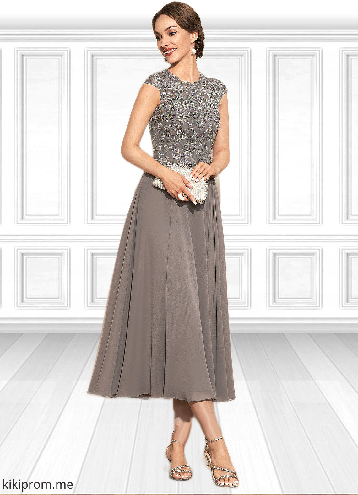 Dylan A-Line Scoop Neck Tea-Length Chiffon Lace Mother of the Bride Dress With Beading STF126P0014774