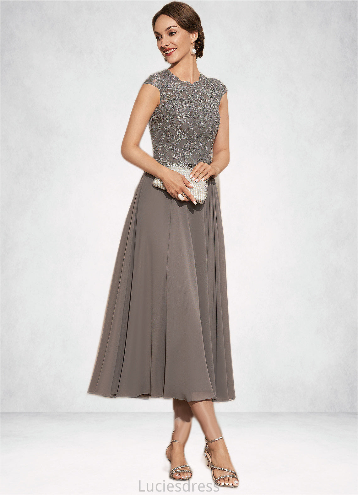 Alyson A-Line Scoop Neck Tea-Length Chiffon Lace Mother of the Bride Dress With Beading HF126P0014774