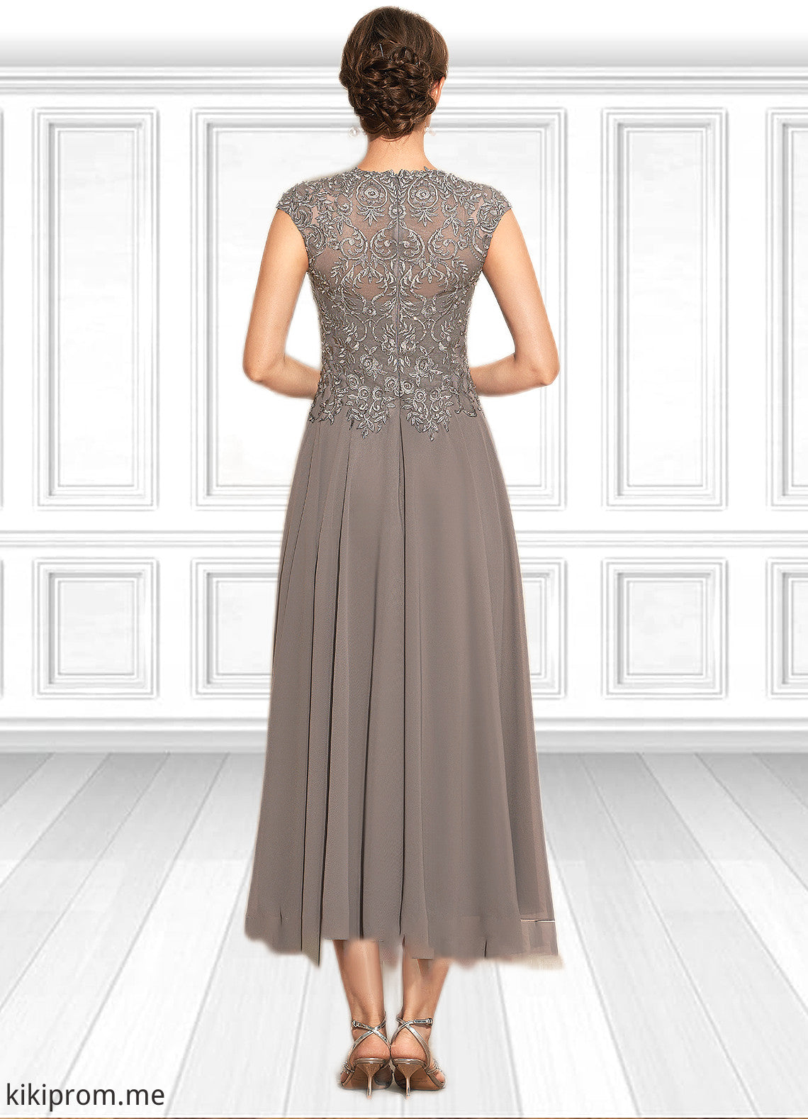 Dylan A-Line Scoop Neck Tea-Length Chiffon Lace Mother of the Bride Dress With Beading STF126P0014774