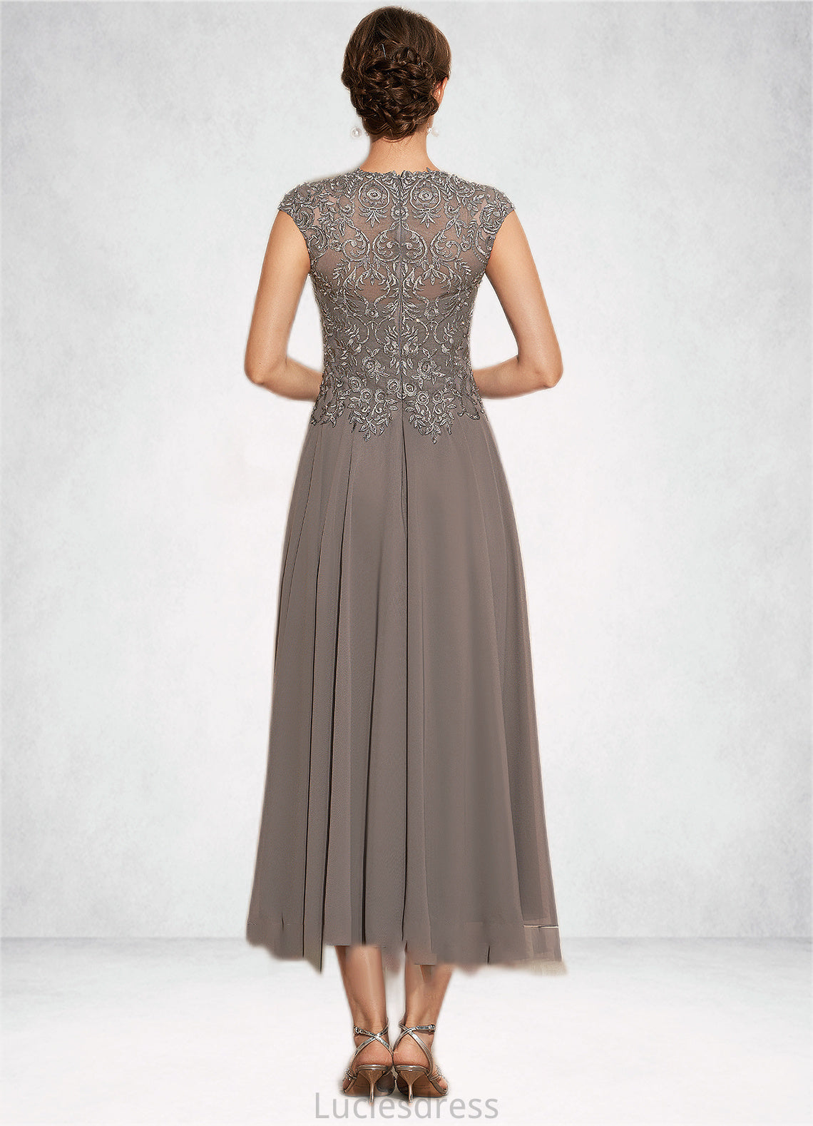 Alyson A-Line Scoop Neck Tea-Length Chiffon Lace Mother of the Bride Dress With Beading HF126P0014774