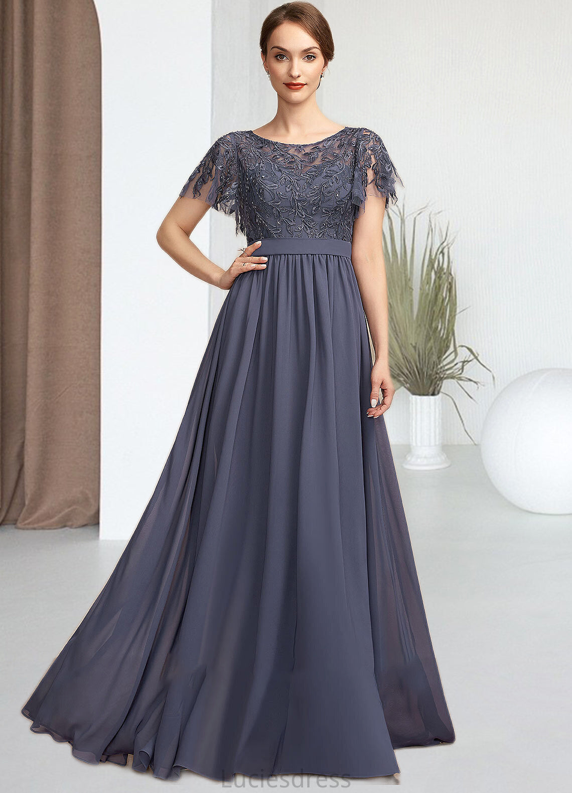 Urania A-Line Scoop Neck Floor-Length Chiffon Lace Mother of the Bride Dress With Sequins HF126P0014775