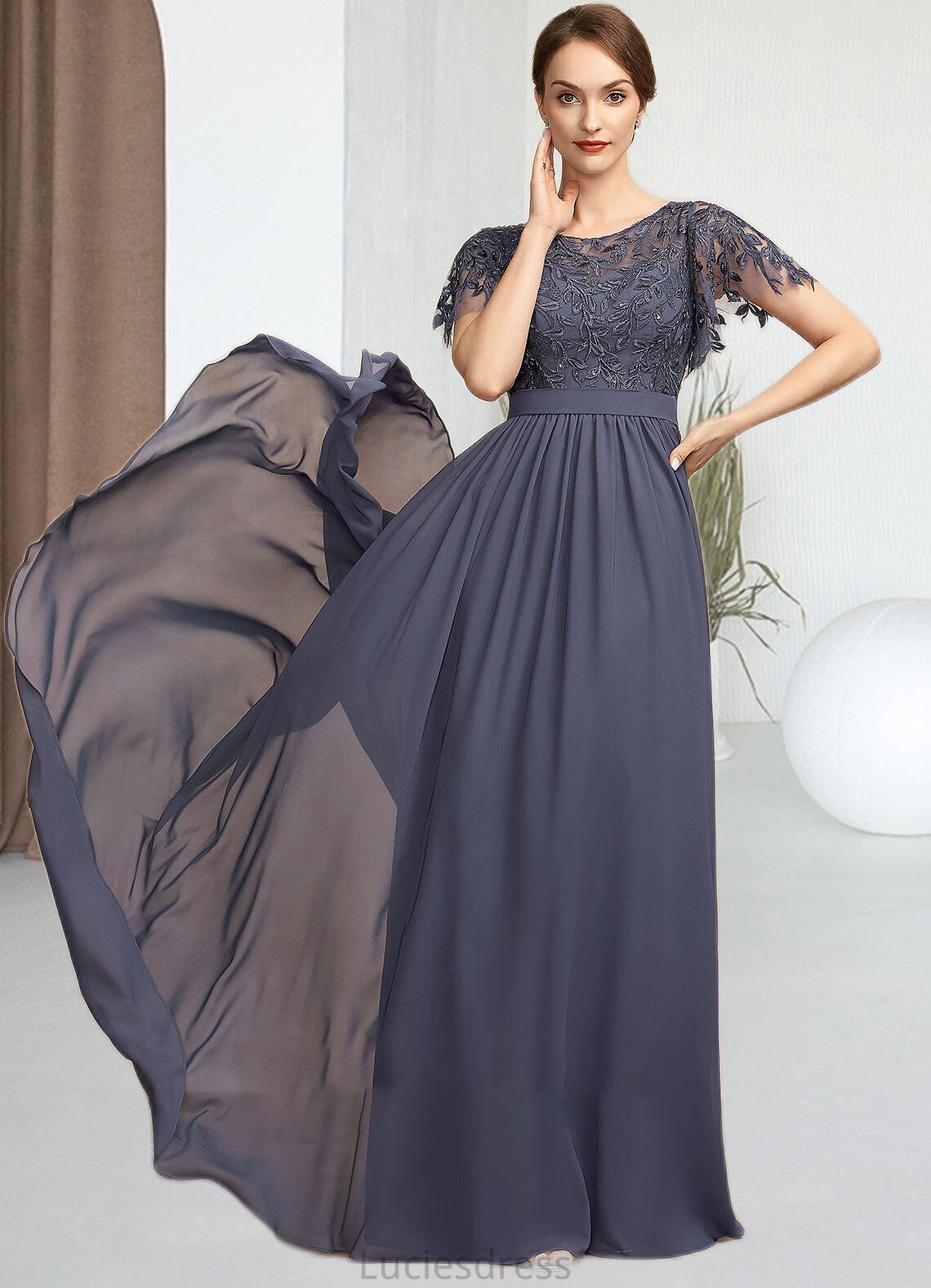 Urania A-Line Scoop Neck Floor-Length Chiffon Lace Mother of the Bride Dress With Sequins HF126P0014775