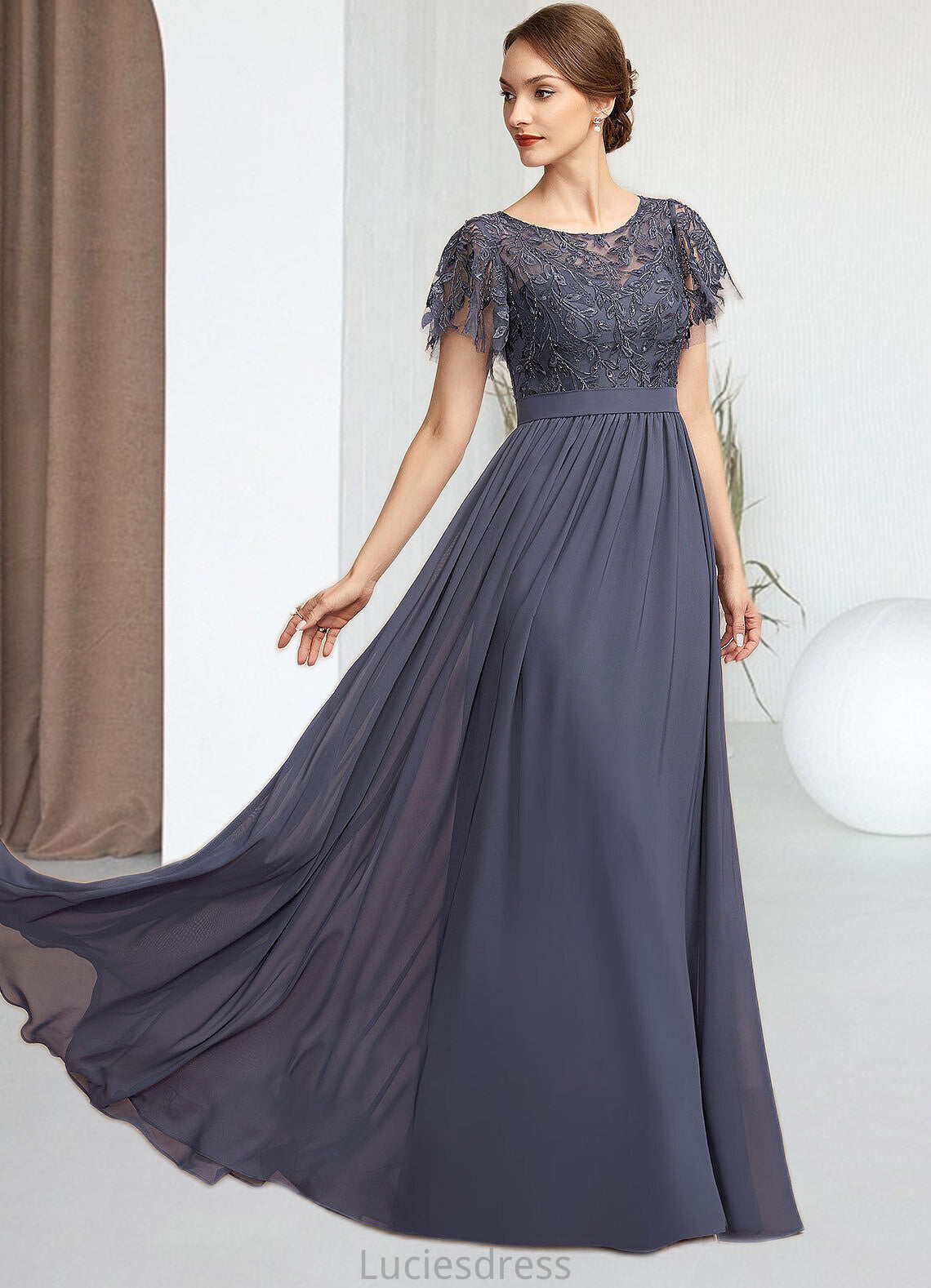 Urania A-Line Scoop Neck Floor-Length Chiffon Lace Mother of the Bride Dress With Sequins HF126P0014775