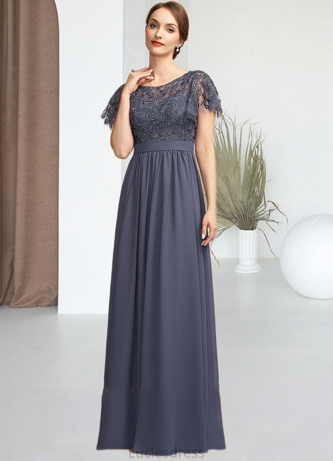 Urania A-Line Scoop Neck Floor-Length Chiffon Lace Mother of the Bride Dress With Sequins HF126P0014775