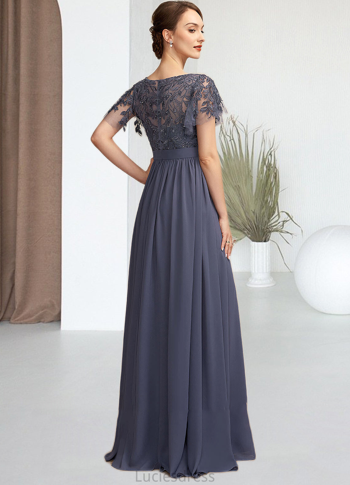 Urania A-Line Scoop Neck Floor-Length Chiffon Lace Mother of the Bride Dress With Sequins HF126P0014775