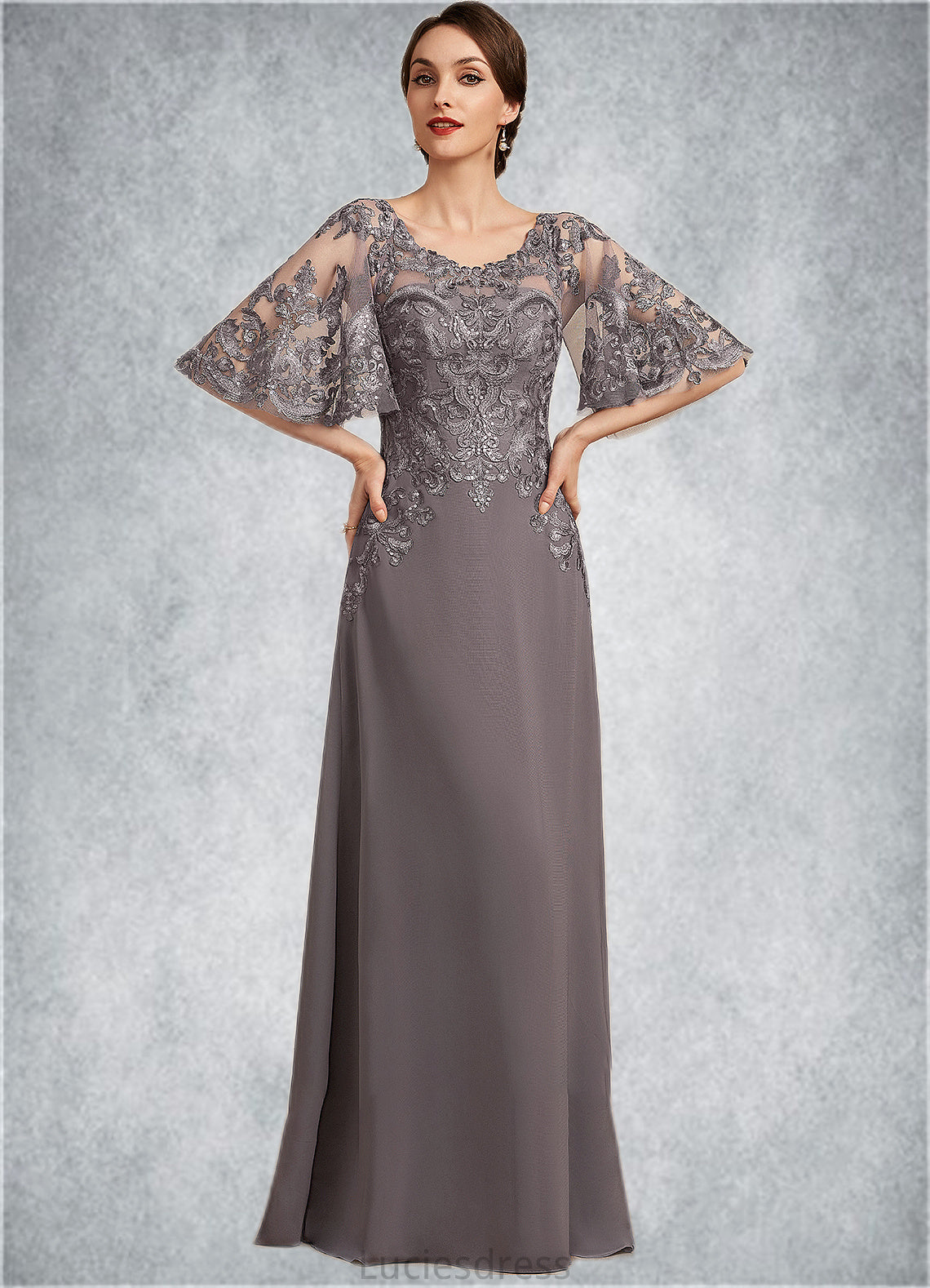 Nora A-Line Scoop Neck Floor-Length Chiffon Lace Mother of the Bride Dress With Sequins HF126P0014776