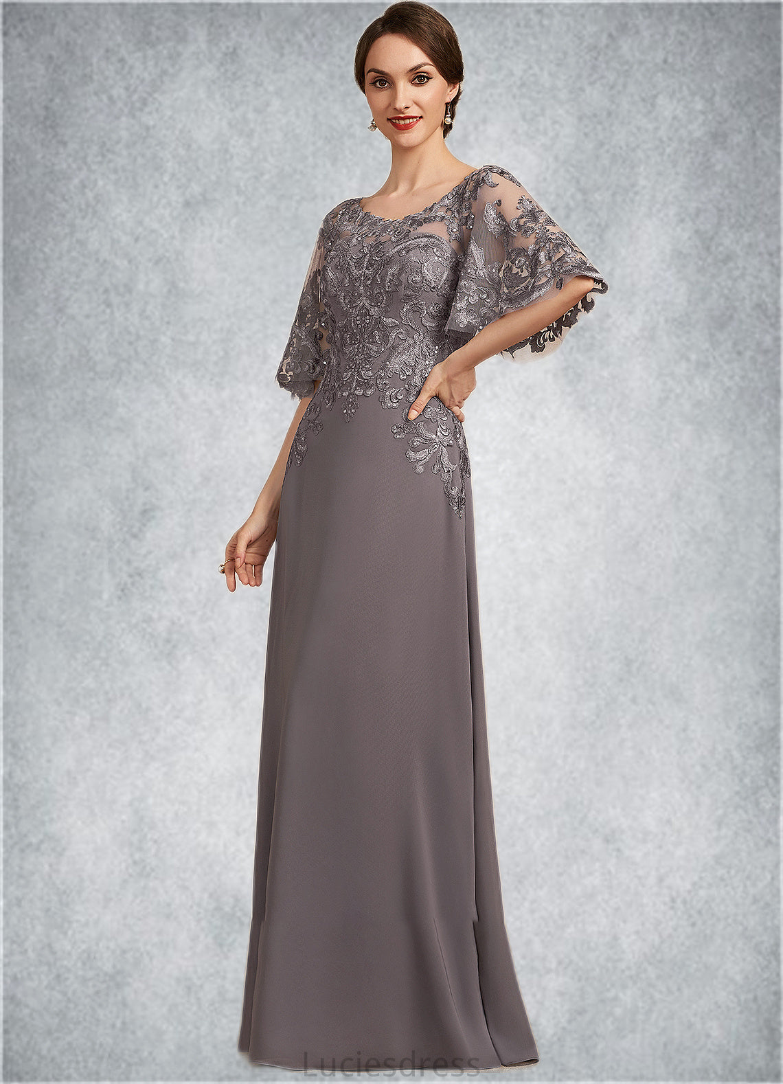 Nora A-Line Scoop Neck Floor-Length Chiffon Lace Mother of the Bride Dress With Sequins HF126P0014776