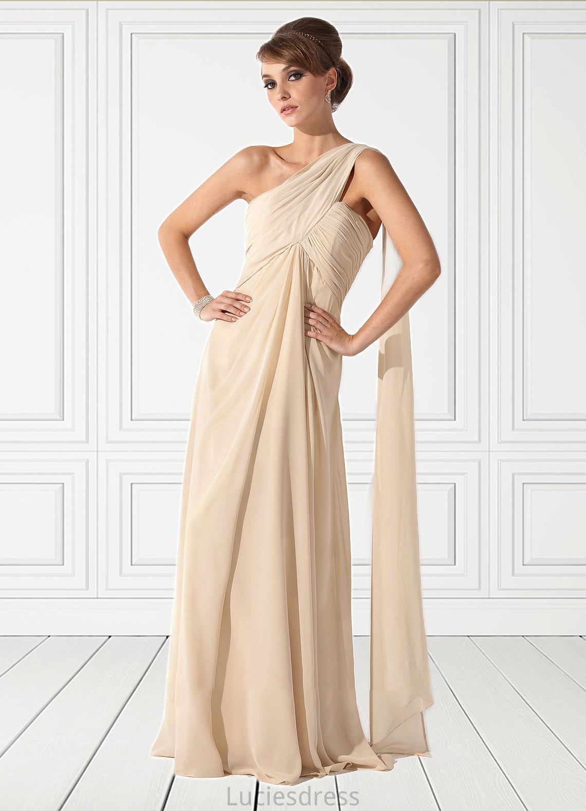 Britney Empire One-Shoulder Floor-Length Chiffon Mother of the Bride Dress With Ruffle HF126P0014777