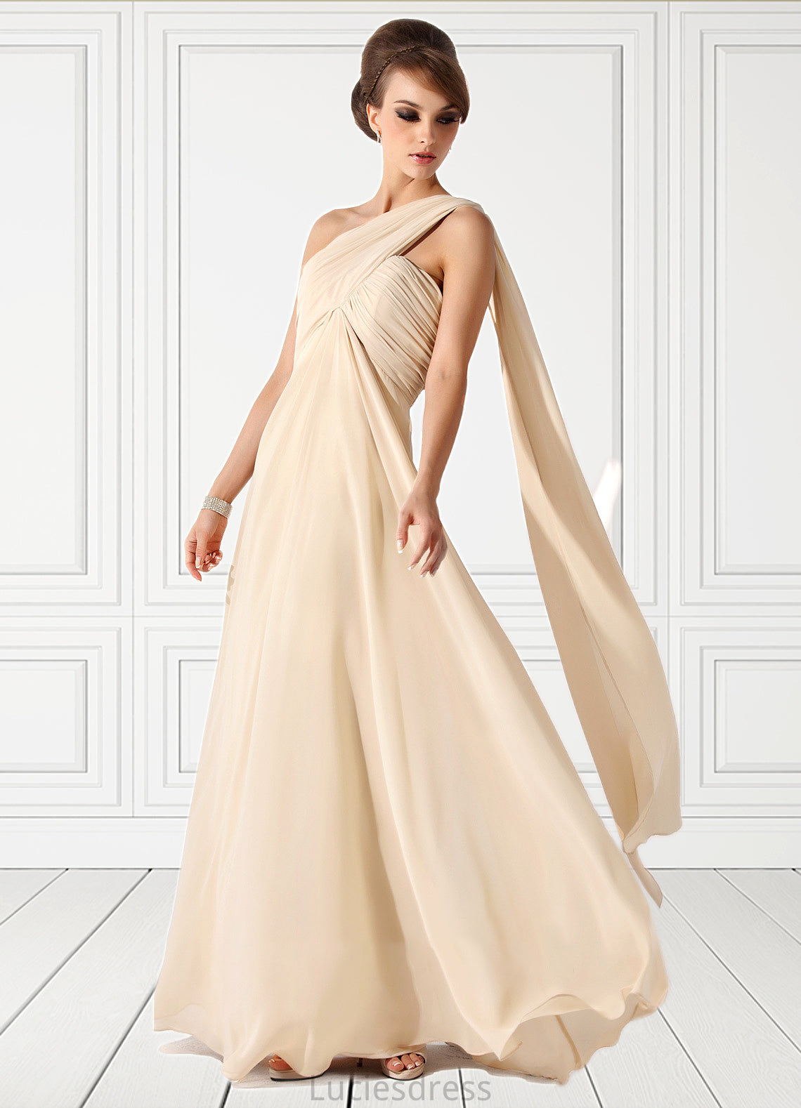 Britney Empire One-Shoulder Floor-Length Chiffon Mother of the Bride Dress With Ruffle HF126P0014777