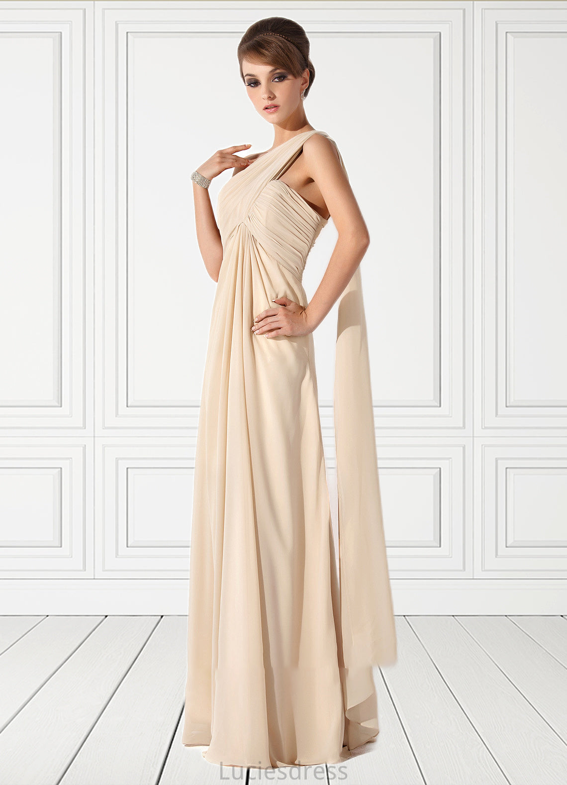 Britney Empire One-Shoulder Floor-Length Chiffon Mother of the Bride Dress With Ruffle HF126P0014777