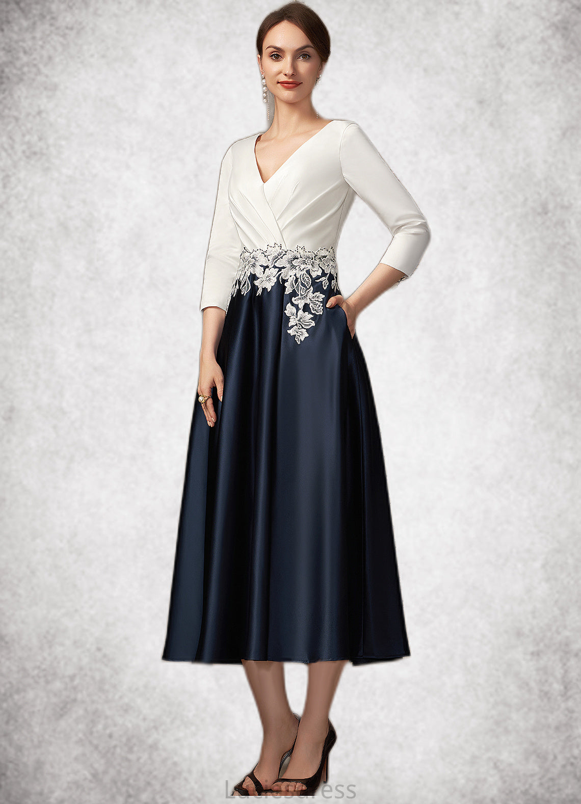 Millicent A-Line V-neck Tea-Length Satin Mother of the Bride Dress With Ruffle Appliques Lace Pockets HF126P0014778