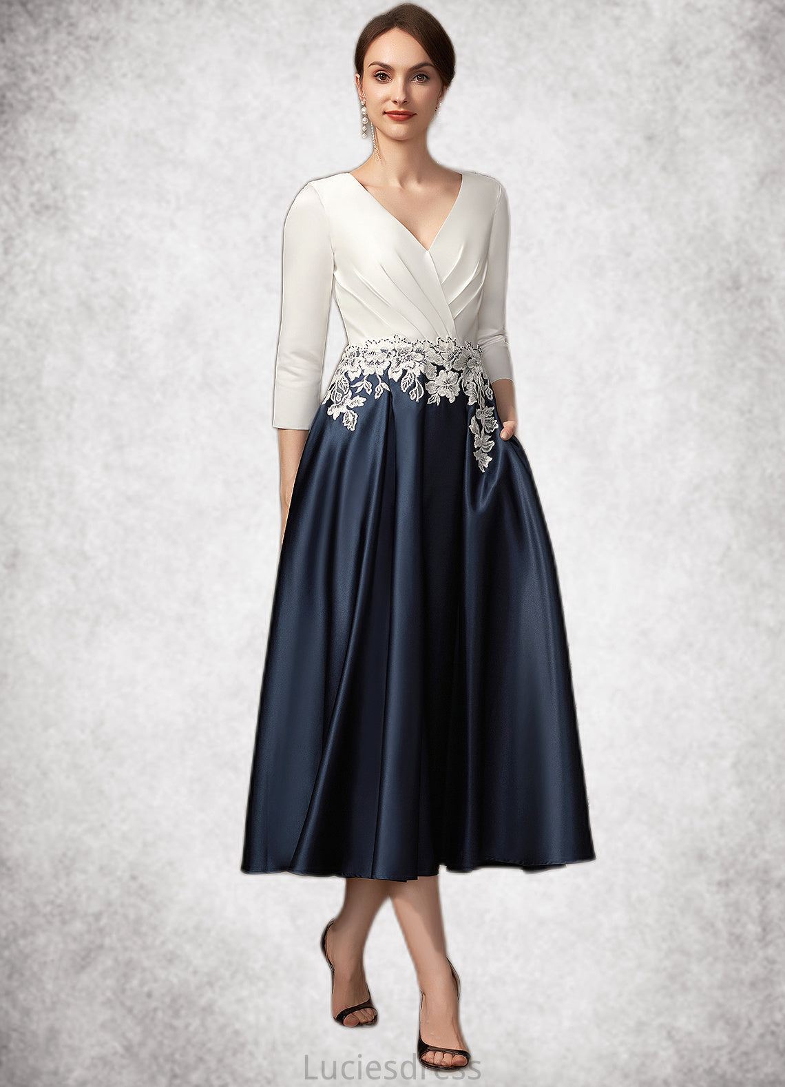 Millicent A-Line V-neck Tea-Length Satin Mother of the Bride Dress With Ruffle Appliques Lace Pockets HF126P0014778