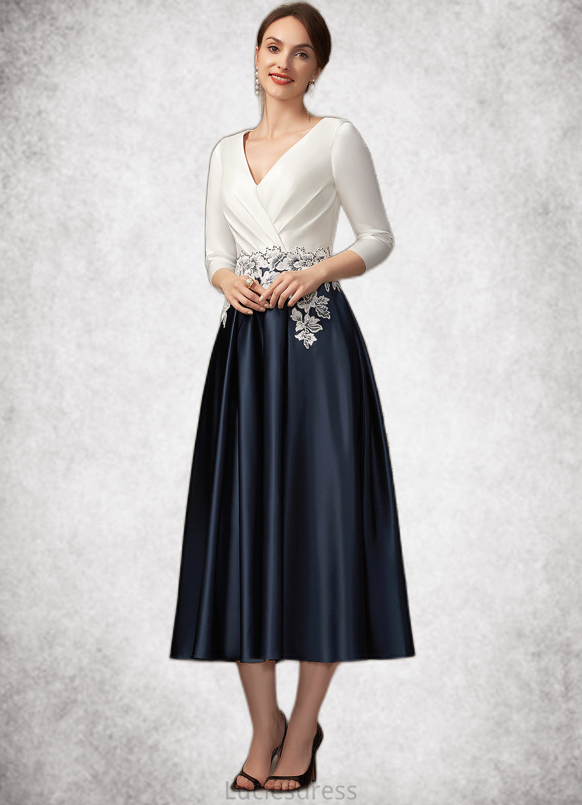 Millicent A-Line V-neck Tea-Length Satin Mother of the Bride Dress With Ruffle Appliques Lace Pockets HF126P0014778