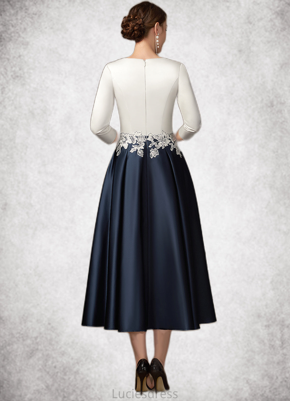 Millicent A-Line V-neck Tea-Length Satin Mother of the Bride Dress With Ruffle Appliques Lace Pockets HF126P0014778