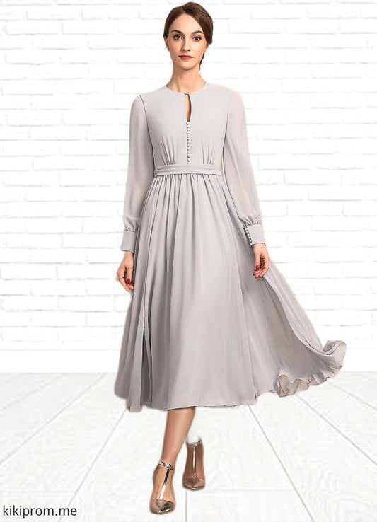 Saige A-Line Scoop Neck Tea-Length Chiffon Mother of the Bride Dress With Bow(s) STF126P0014779