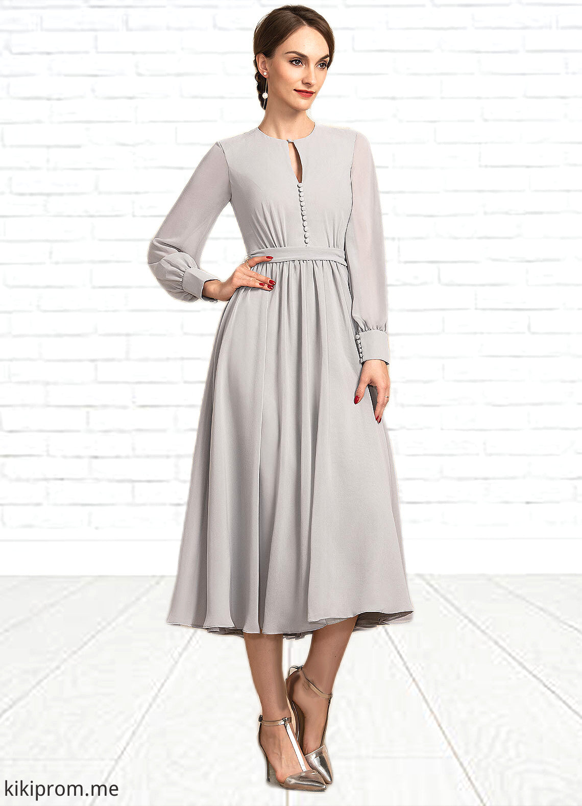 Saige A-Line Scoop Neck Tea-Length Chiffon Mother of the Bride Dress With Bow(s) STF126P0014779