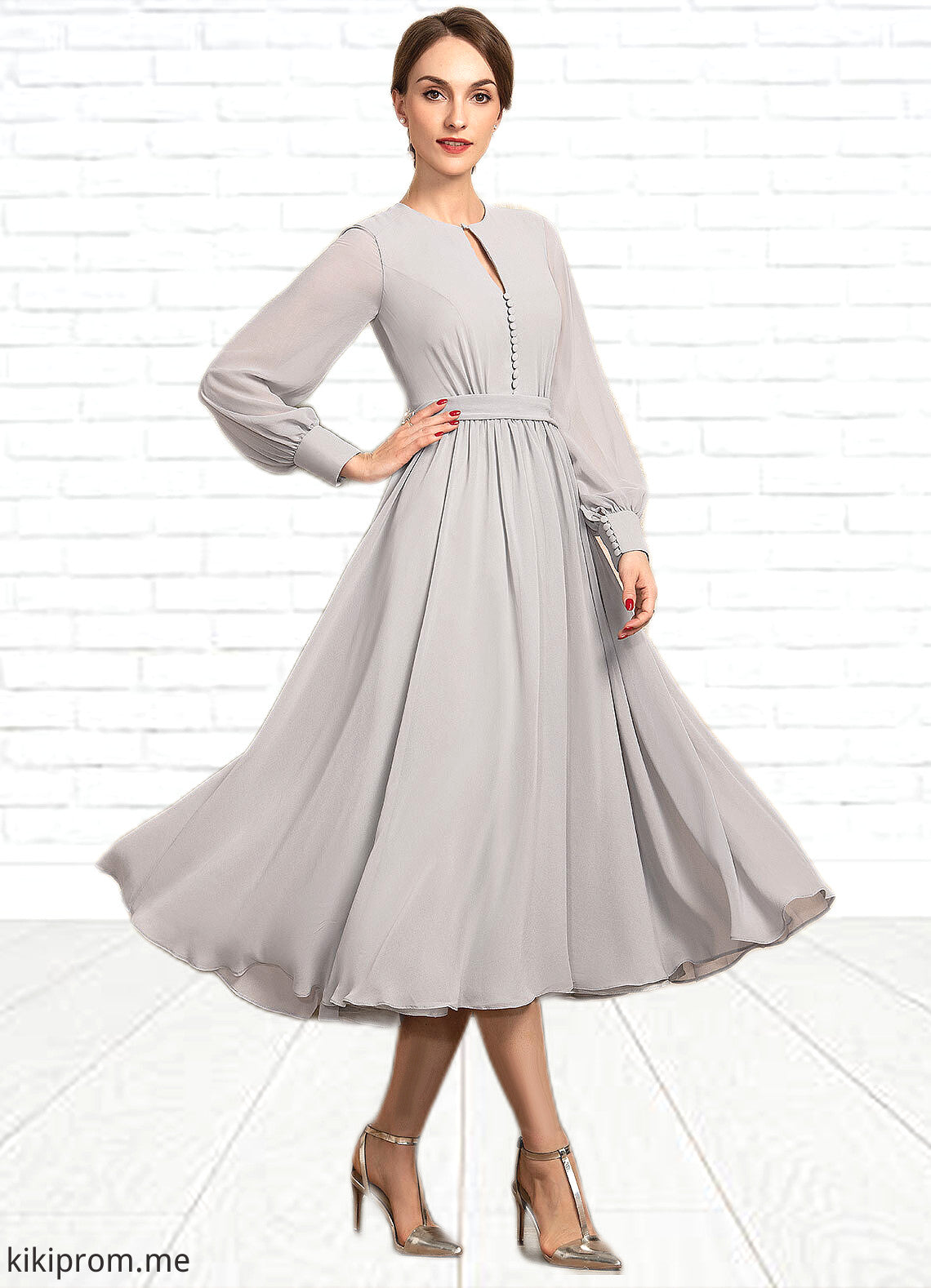 Saige A-Line Scoop Neck Tea-Length Chiffon Mother of the Bride Dress With Bow(s) STF126P0014779