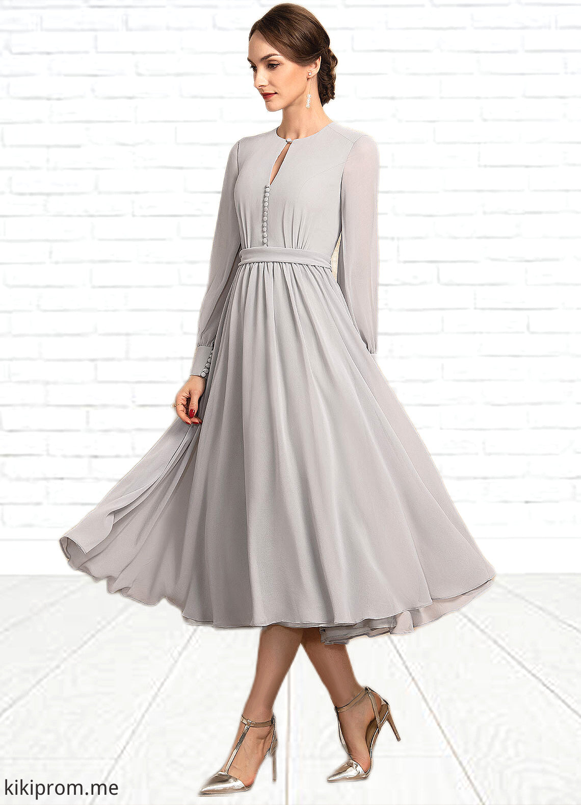 Saige A-Line Scoop Neck Tea-Length Chiffon Mother of the Bride Dress With Bow(s) STF126P0014779