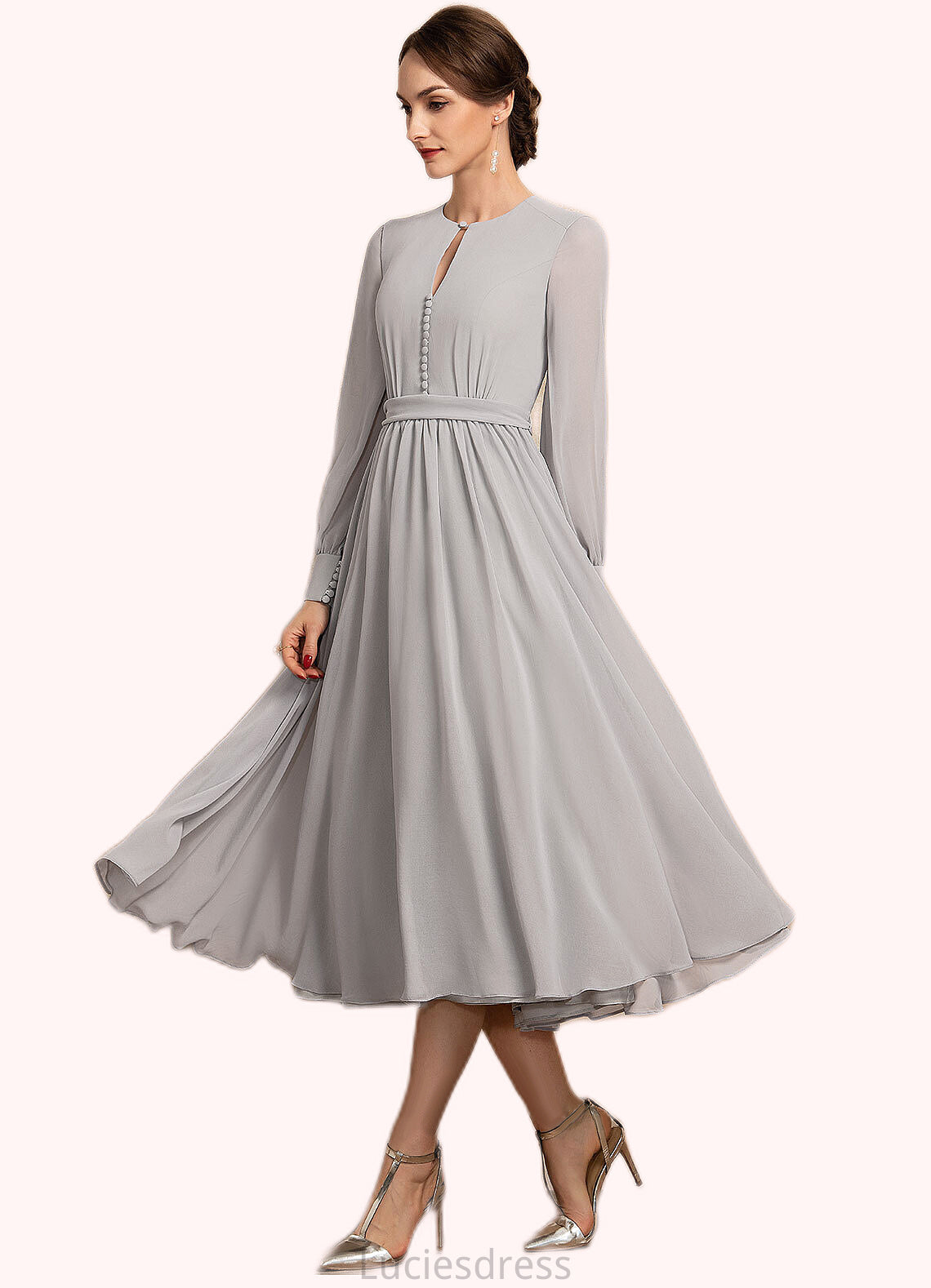 Bria A-Line Scoop Neck Tea-Length Chiffon Mother of the Bride Dress With Bow(s) HF126P0014779