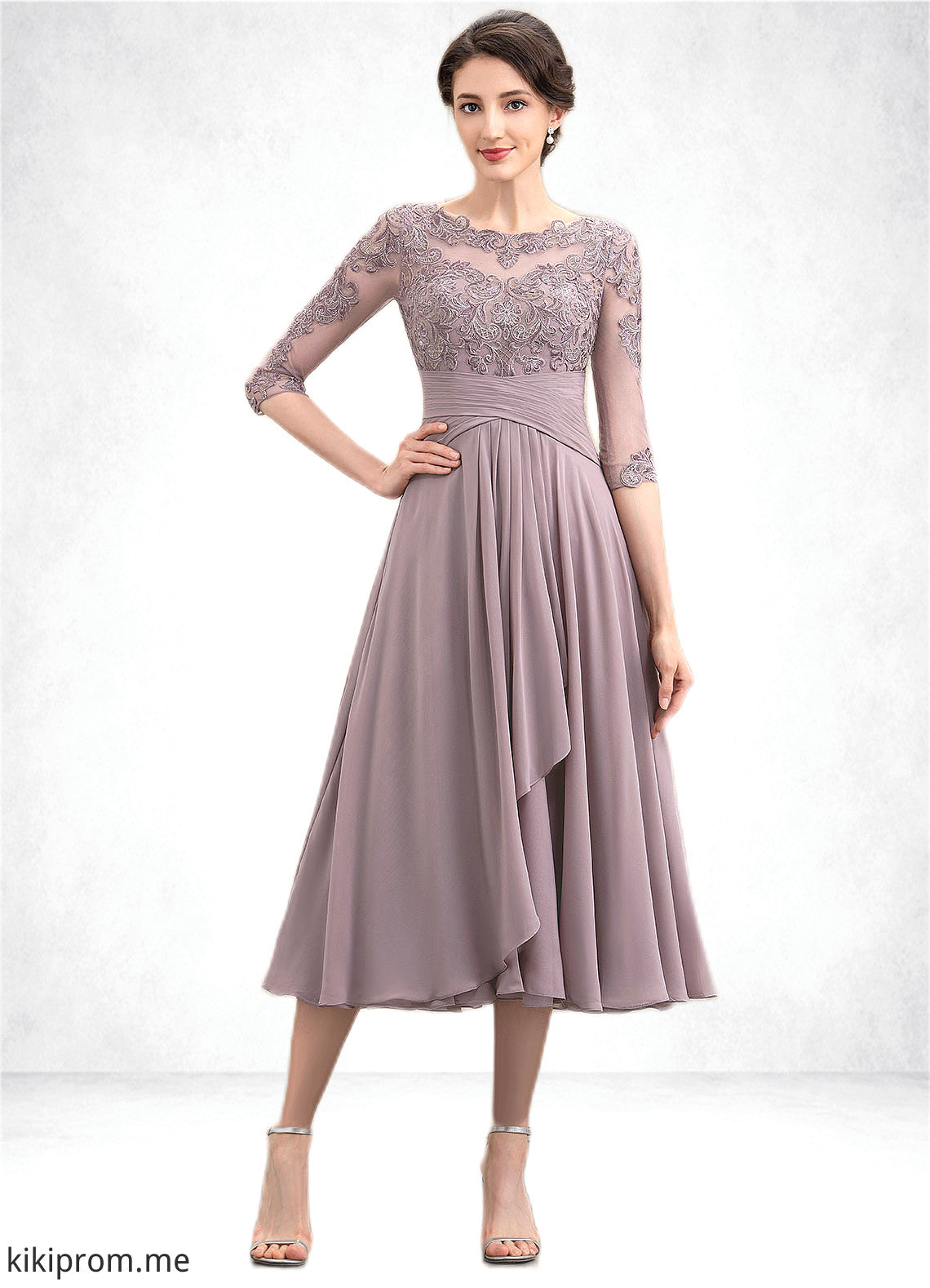 Layla A-Line Scoop Neck Tea-Length Chiffon Lace Mother of the Bride Dress With Cascading Ruffles STF126P0014780