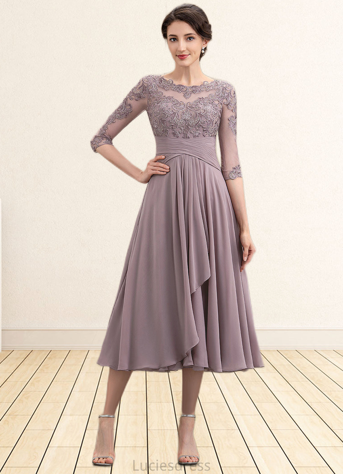 Jaylee A-Line Scoop Neck Tea-Length Chiffon Lace Mother of the Bride Dress With Cascading Ruffles HF126P0014780