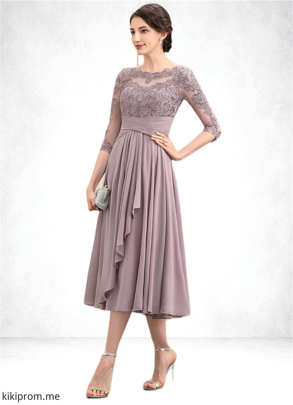 Layla A-Line Scoop Neck Tea-Length Chiffon Lace Mother of the Bride Dress With Cascading Ruffles STF126P0014780