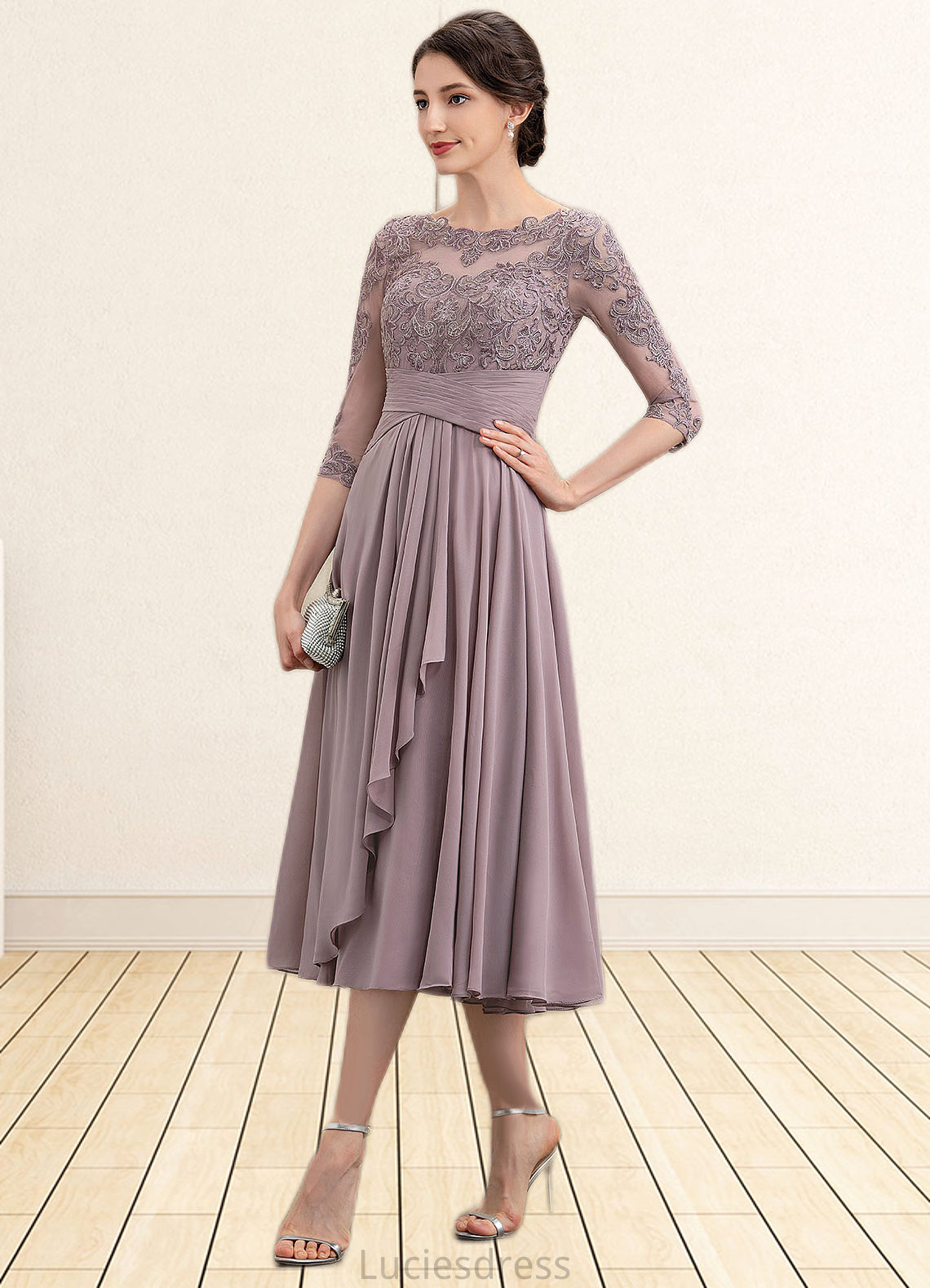 Jaylee A-Line Scoop Neck Tea-Length Chiffon Lace Mother of the Bride Dress With Cascading Ruffles HF126P0014780