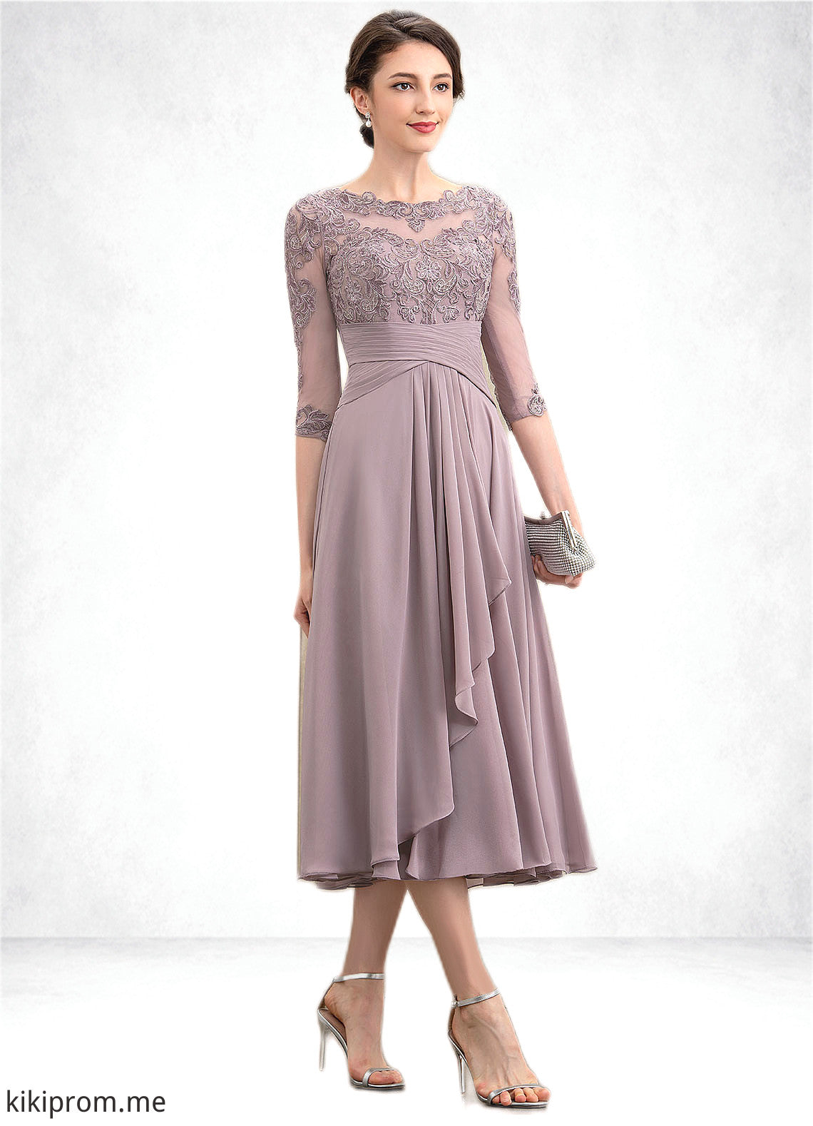 Layla A-Line Scoop Neck Tea-Length Chiffon Lace Mother of the Bride Dress With Cascading Ruffles STF126P0014780