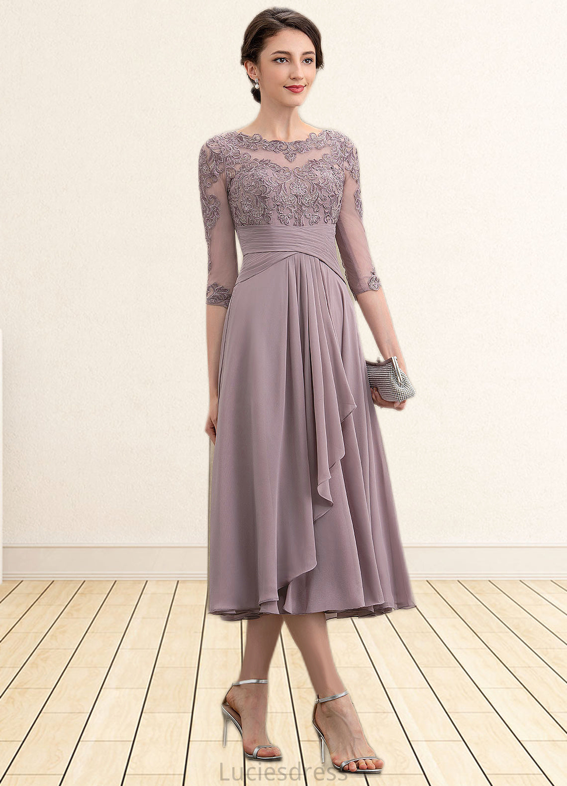 Jaylee A-Line Scoop Neck Tea-Length Chiffon Lace Mother of the Bride Dress With Cascading Ruffles HF126P0014780