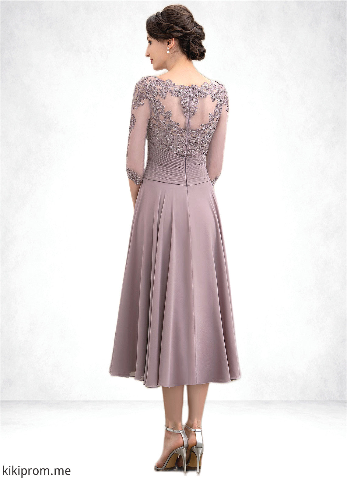 Layla A-Line Scoop Neck Tea-Length Chiffon Lace Mother of the Bride Dress With Cascading Ruffles STF126P0014780