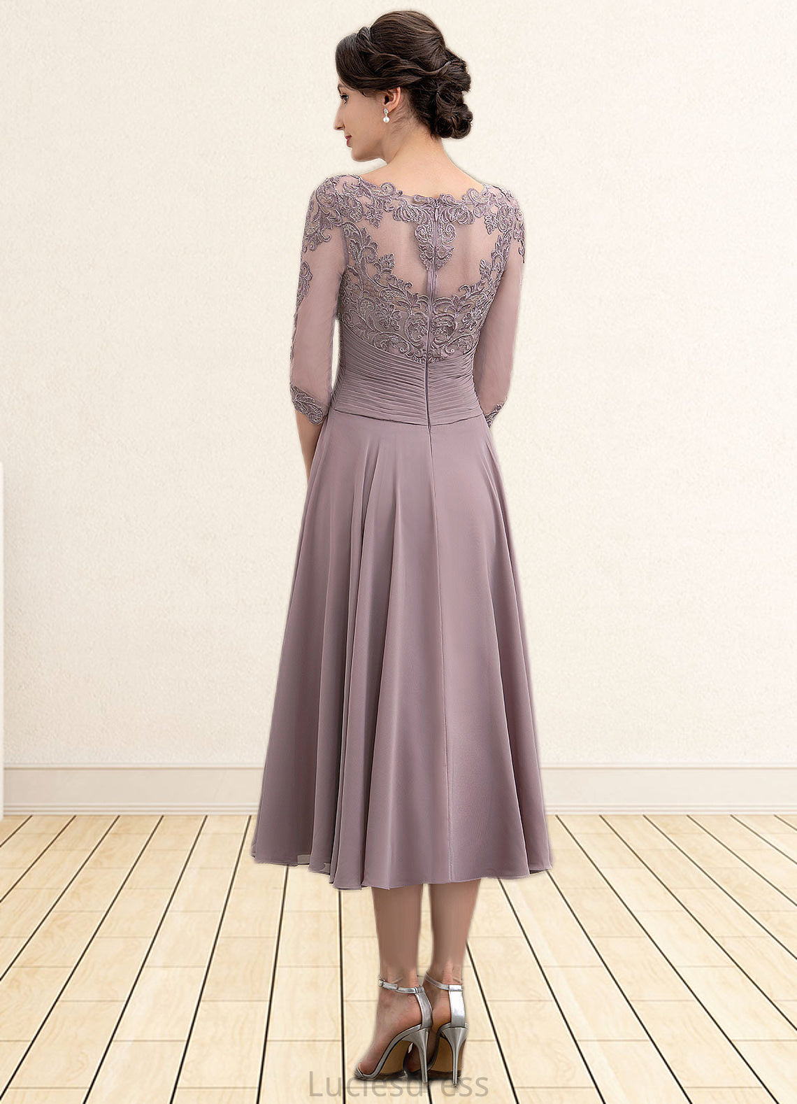 Jaylee A-Line Scoop Neck Tea-Length Chiffon Lace Mother of the Bride Dress With Cascading Ruffles HF126P0014780