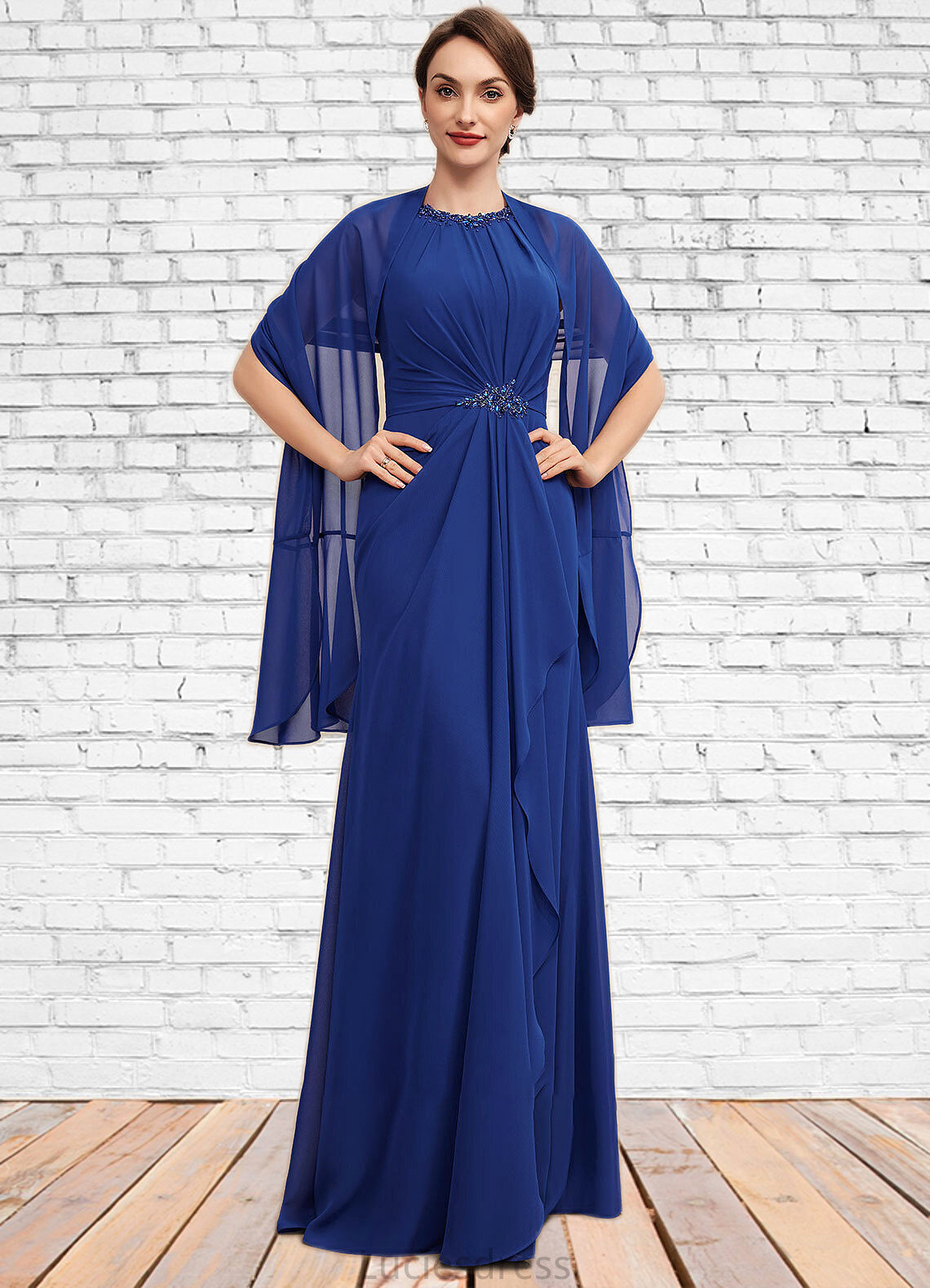 Savanah A-Line Scoop Neck Floor-Length Chiffon Mother of the Bride Dress With Beading Cascading Ruffles HF126P0014781