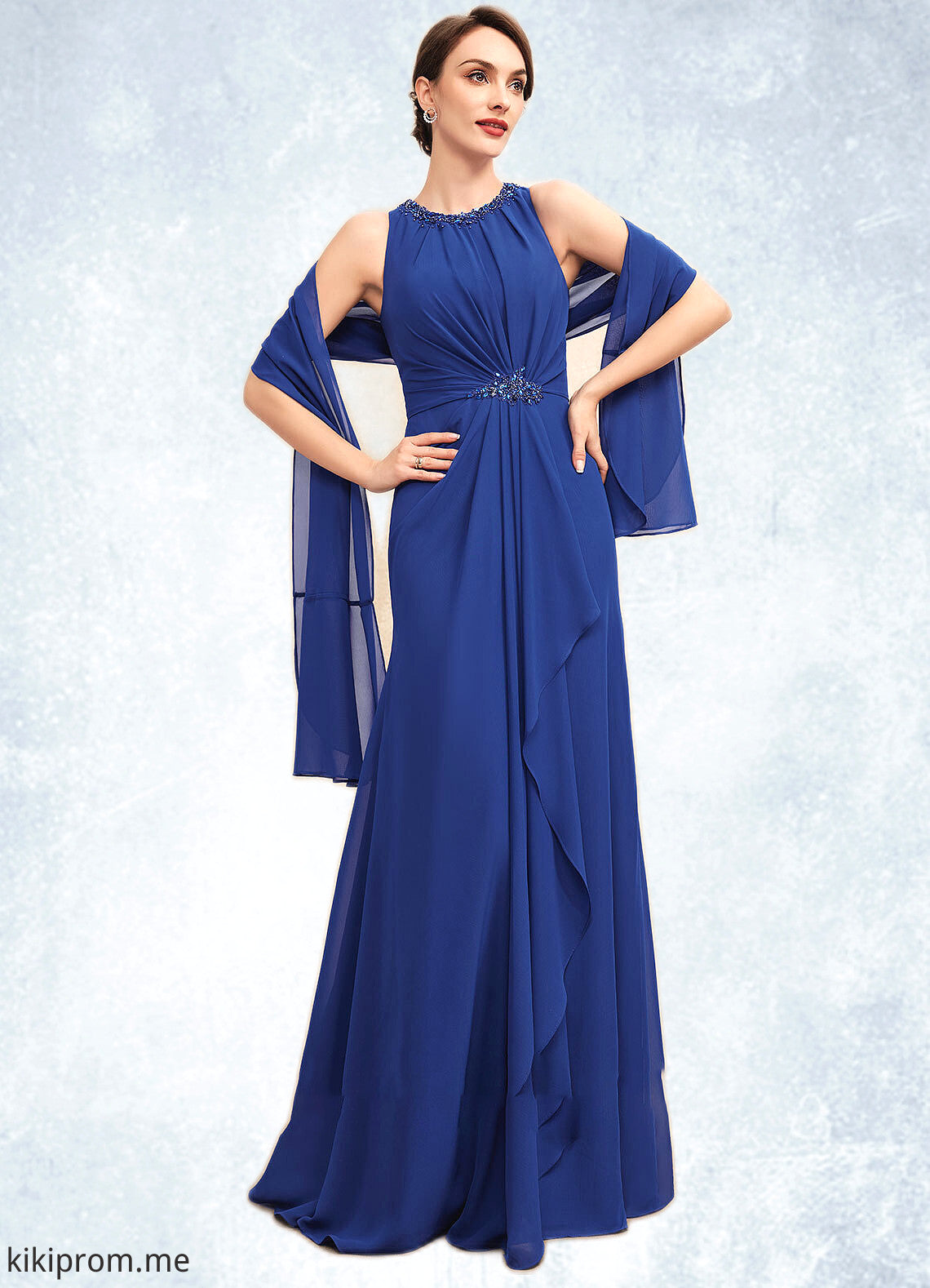 Allie A-Line Scoop Neck Floor-Length Chiffon Mother of the Bride Dress With Beading Cascading Ruffles STF126P0014781