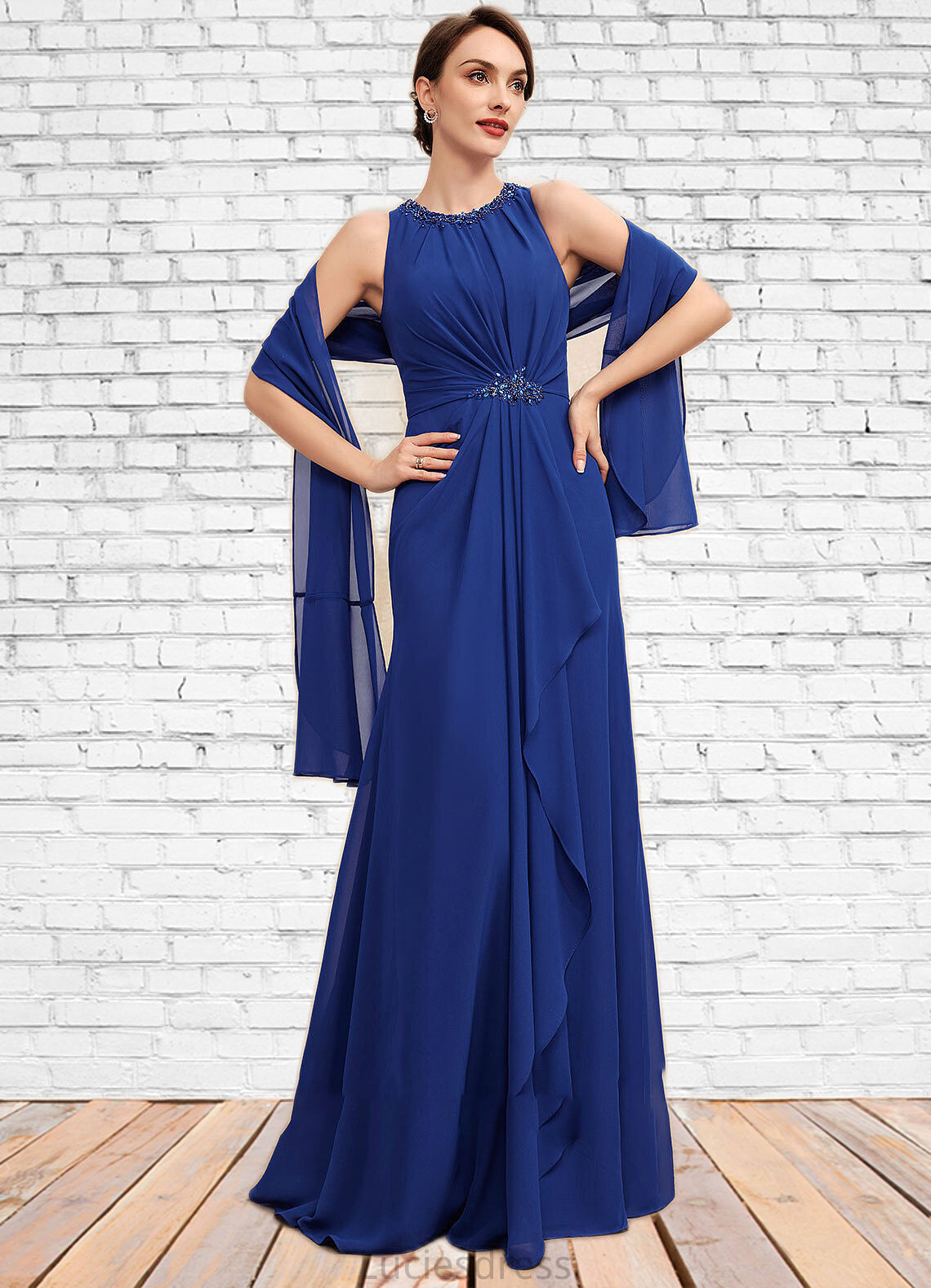 Savanah A-Line Scoop Neck Floor-Length Chiffon Mother of the Bride Dress With Beading Cascading Ruffles HF126P0014781