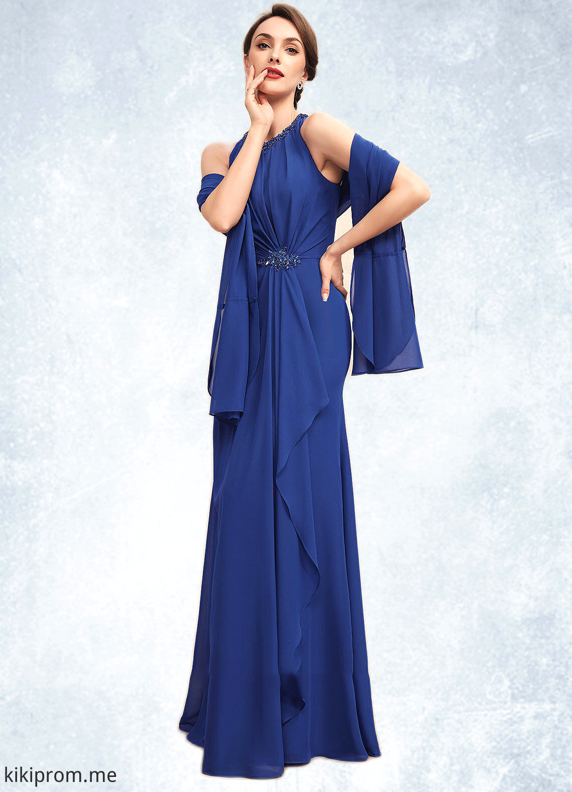 Allie A-Line Scoop Neck Floor-Length Chiffon Mother of the Bride Dress With Beading Cascading Ruffles STF126P0014781