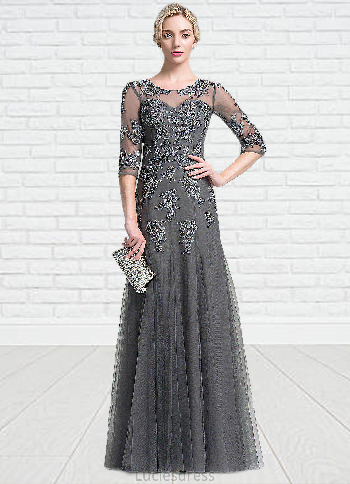 Lucia A-Line/Princess Scoop Neck Floor-Length Tulle Mother of the Bride Dress With Beading Sequins HF126P0014782