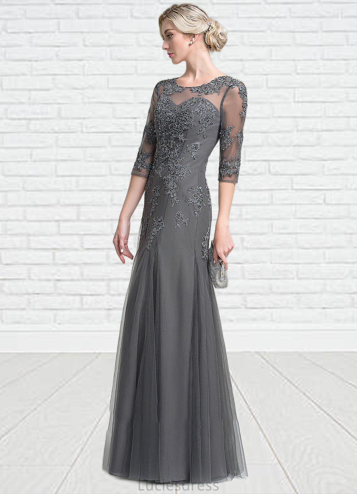 Lucia A-Line/Princess Scoop Neck Floor-Length Tulle Mother of the Bride Dress With Beading Sequins HF126P0014782