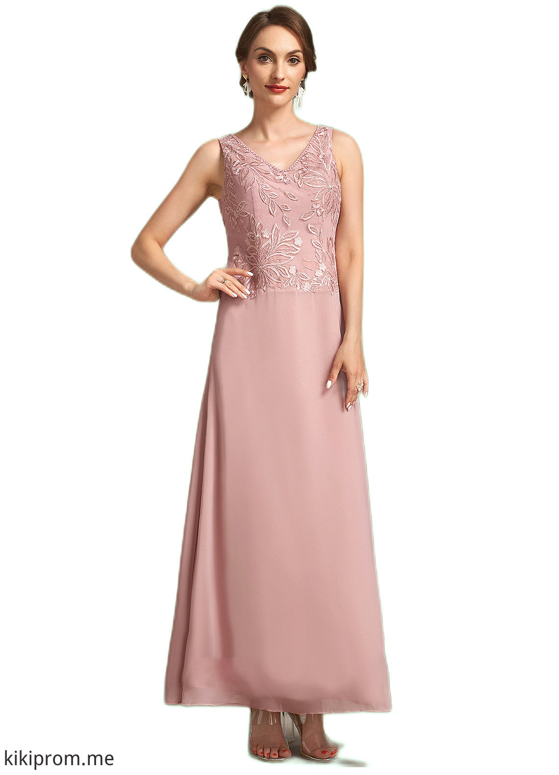 Cloe A-Line V-neck Ankle-Length Chiffon Lace Mother of the Bride Dress With Beading Sequins STF126P0014784