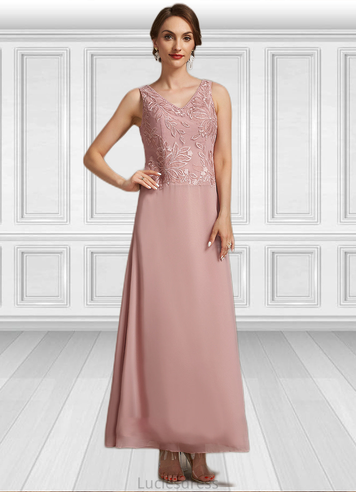 Alayna A-Line V-neck Ankle-Length Chiffon Lace Mother of the Bride Dress With Beading Sequins HF126P0014784