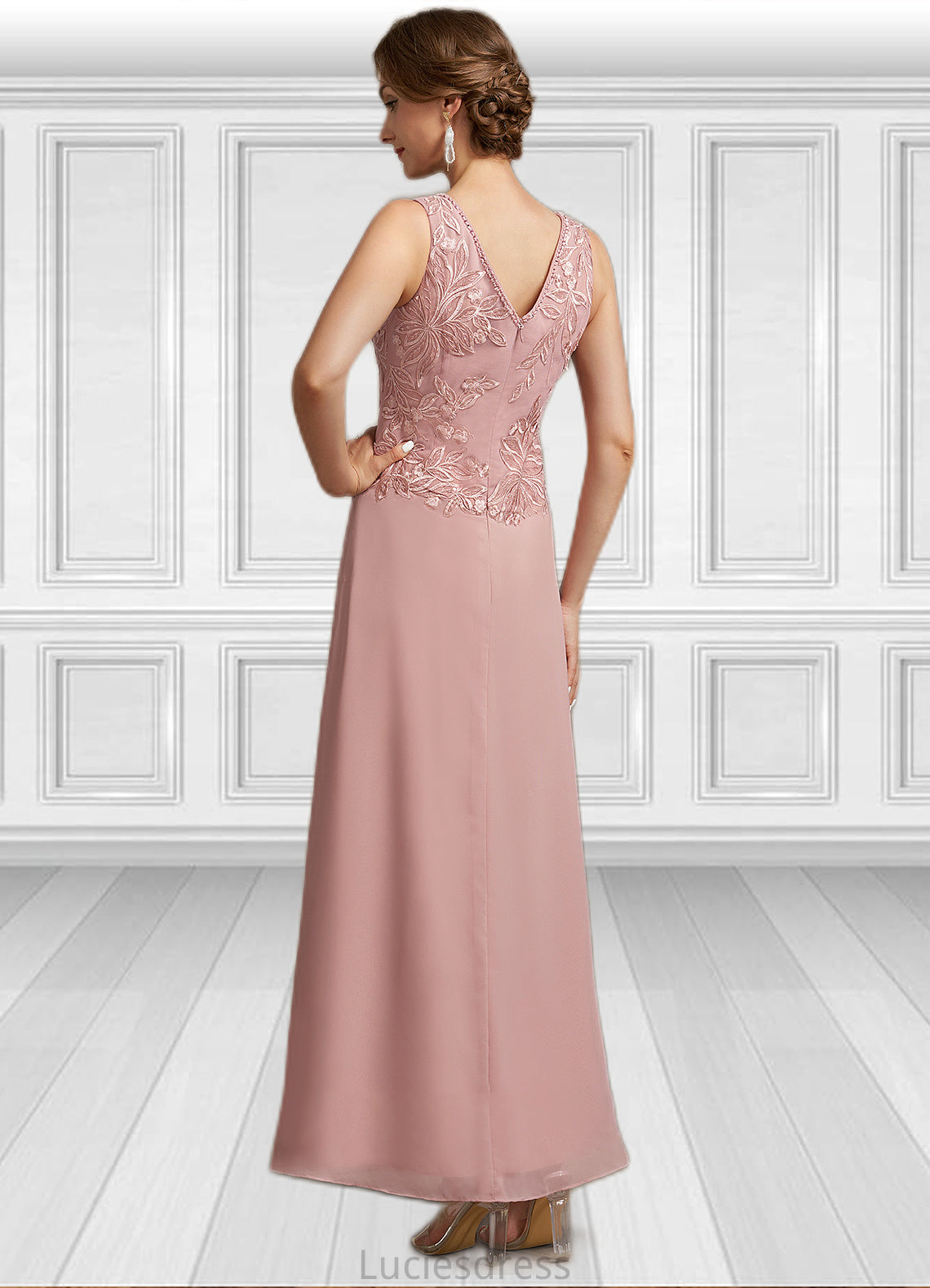 Alayna A-Line V-neck Ankle-Length Chiffon Lace Mother of the Bride Dress With Beading Sequins HF126P0014784