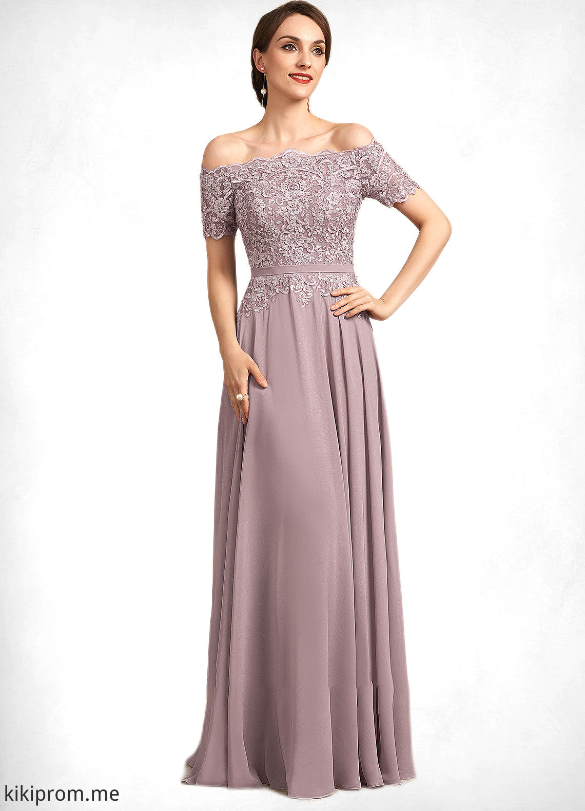 Addison A-Line Off-the-Shoulder Floor-Length Chiffon Lace Mother of the Bride Dress With Beading Sequins STF126P0014785