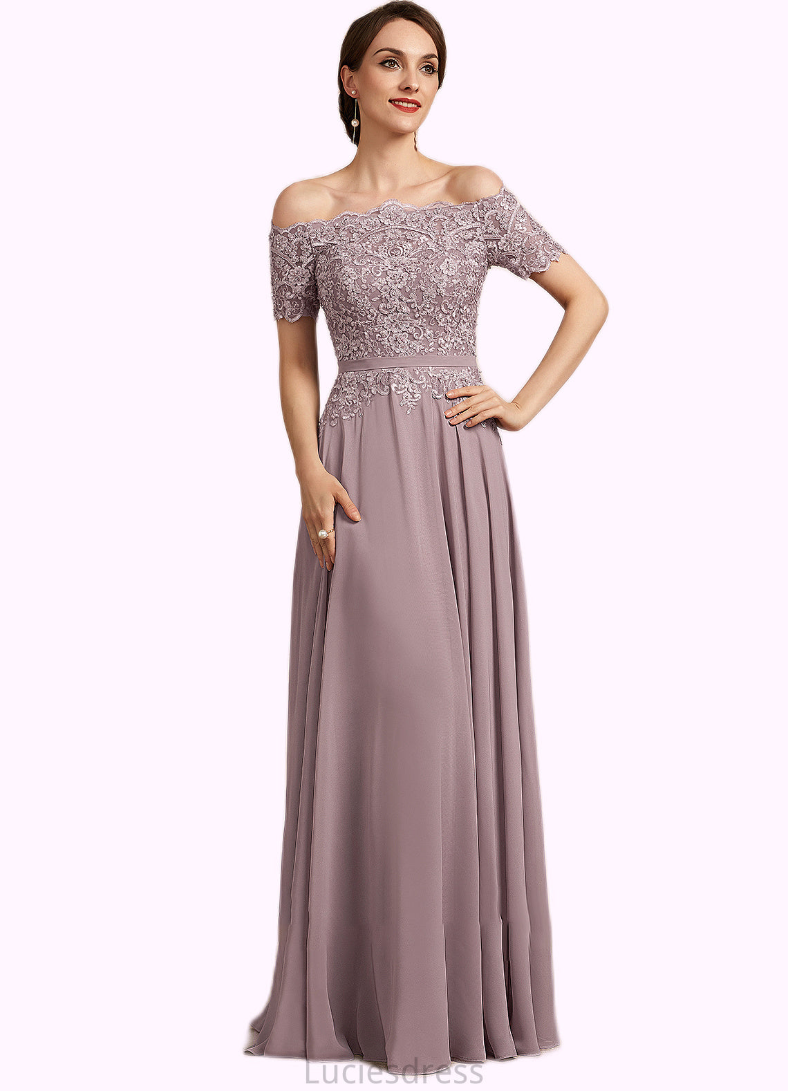 Elva A-Line Off-the-Shoulder Floor-Length Chiffon Lace Mother of the Bride Dress With Beading Sequins HF126P0014785