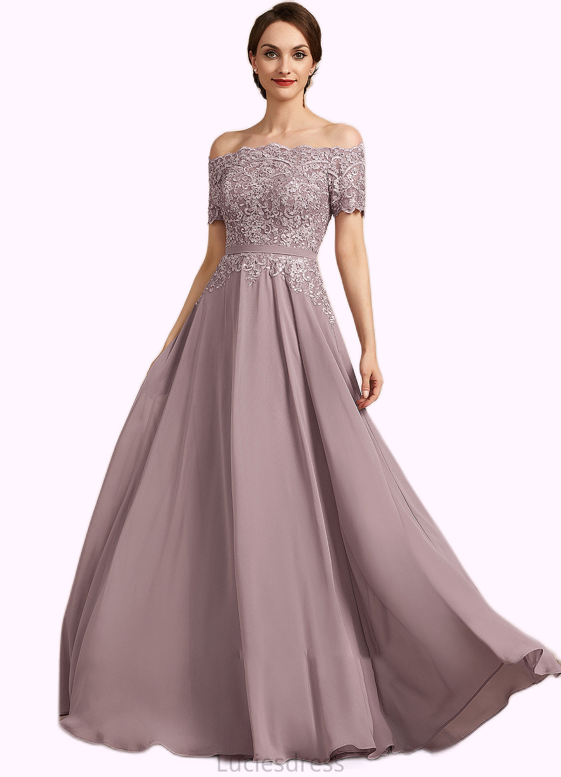 Elva A-Line Off-the-Shoulder Floor-Length Chiffon Lace Mother of the Bride Dress With Beading Sequins HF126P0014785