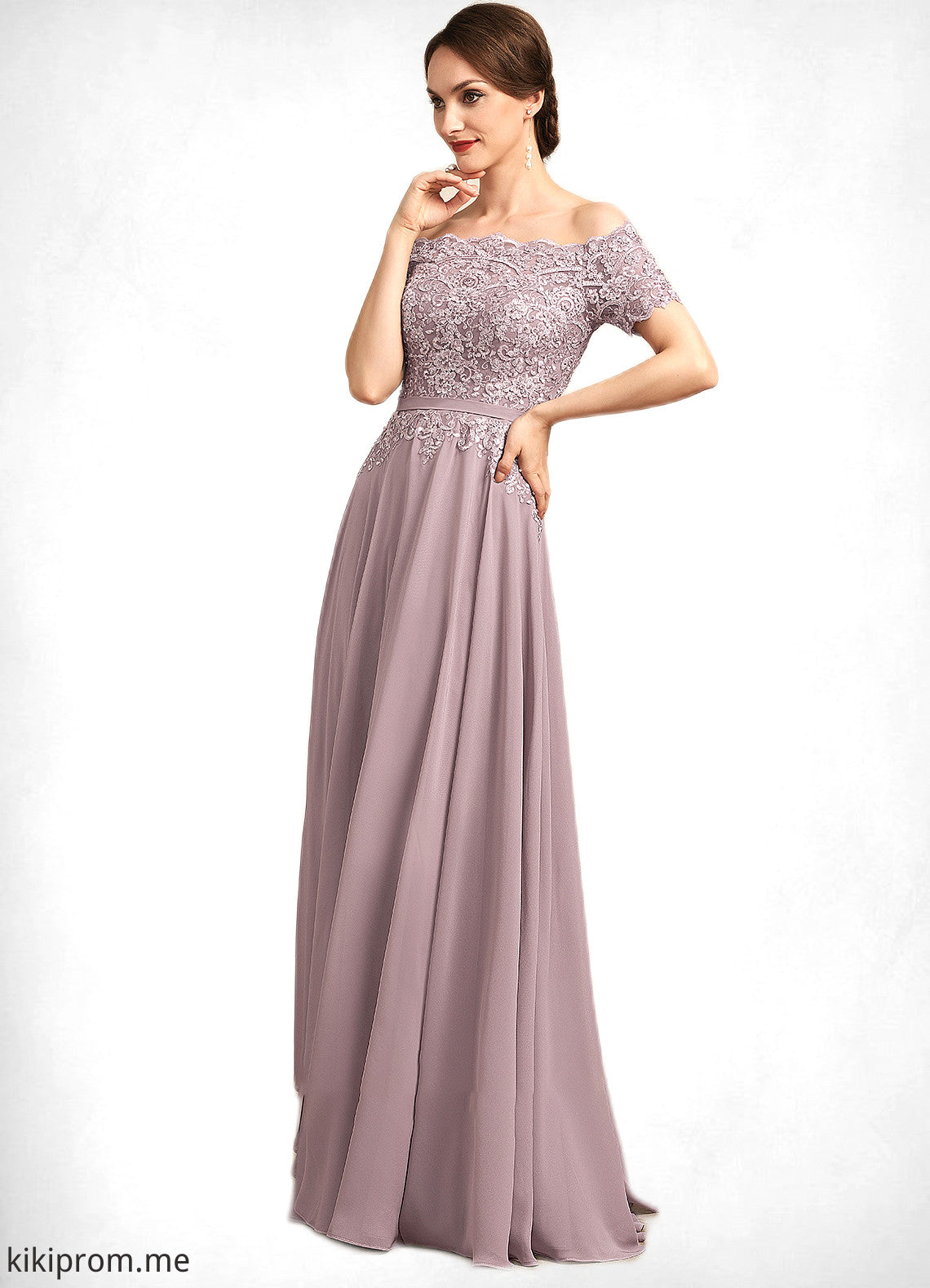 Addison A-Line Off-the-Shoulder Floor-Length Chiffon Lace Mother of the Bride Dress With Beading Sequins STF126P0014785