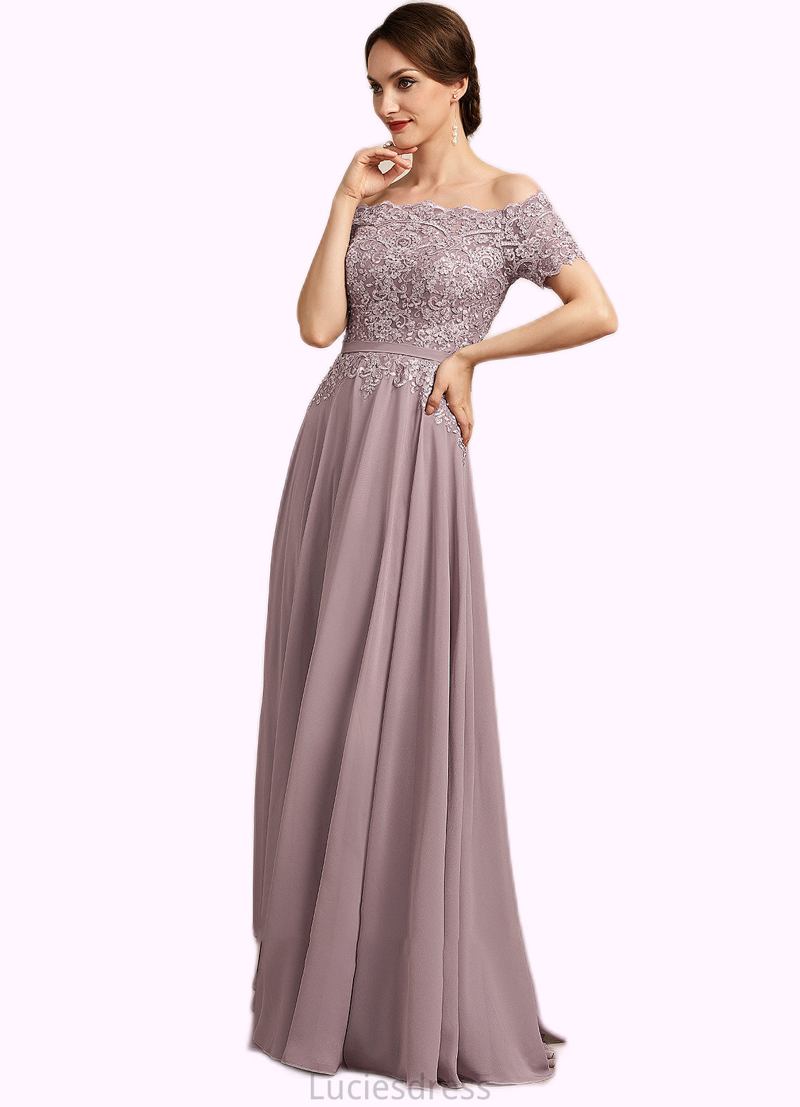 Elva A-Line Off-the-Shoulder Floor-Length Chiffon Lace Mother of the Bride Dress With Beading Sequins HF126P0014785