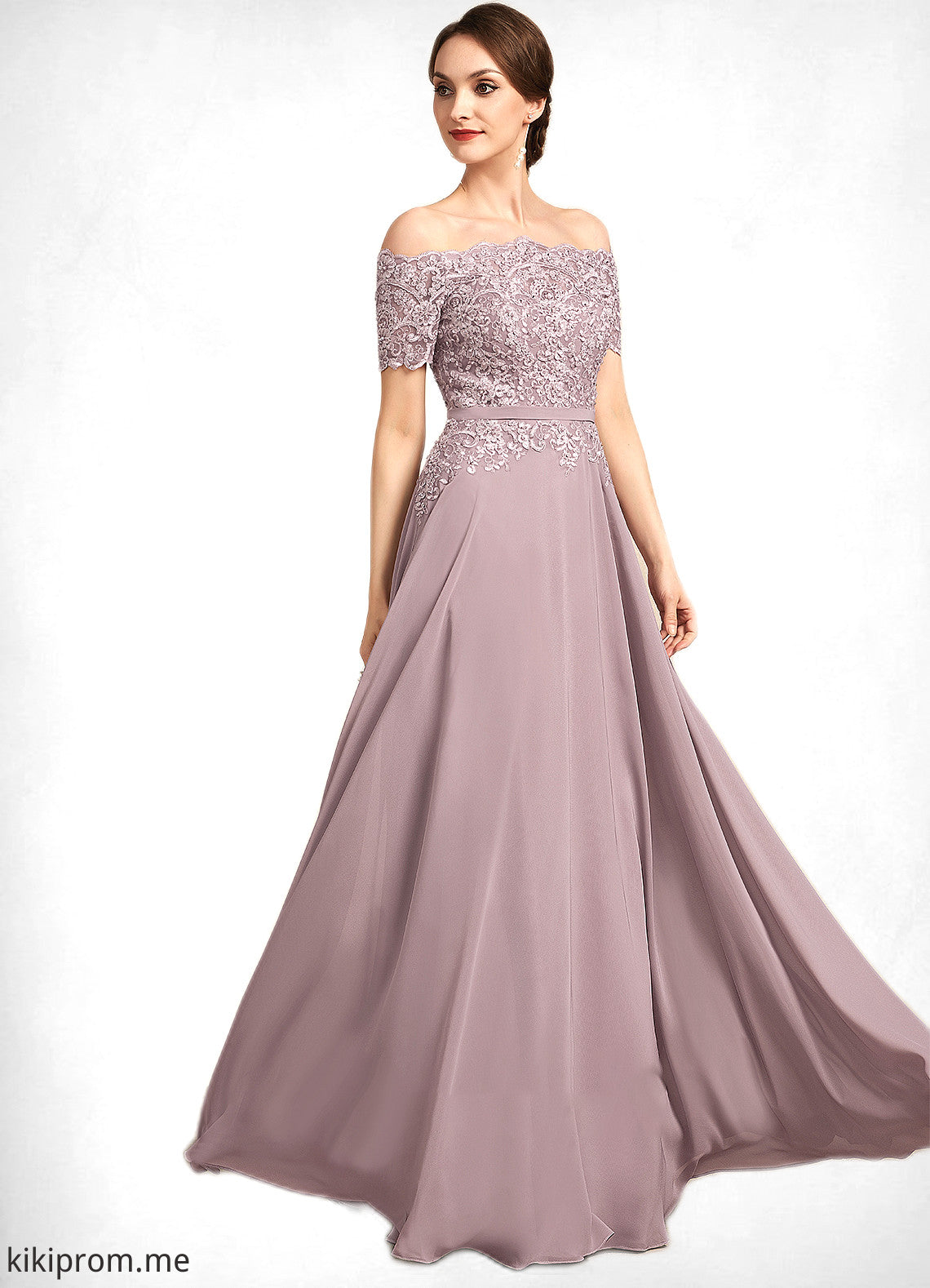 Addison A-Line Off-the-Shoulder Floor-Length Chiffon Lace Mother of the Bride Dress With Beading Sequins STF126P0014785