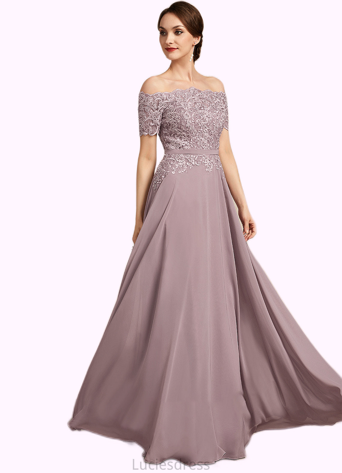 Elva A-Line Off-the-Shoulder Floor-Length Chiffon Lace Mother of the Bride Dress With Beading Sequins HF126P0014785