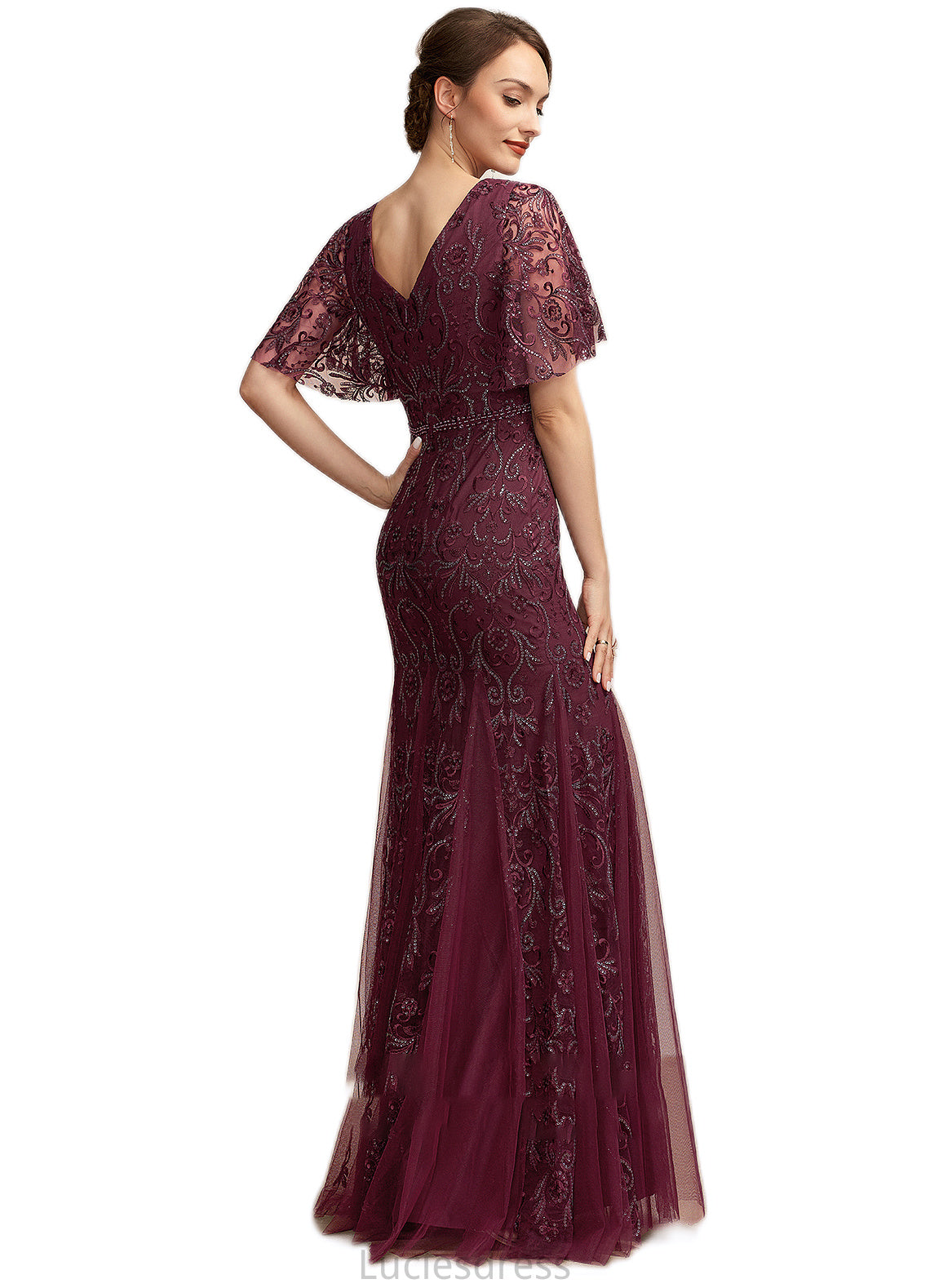 Valentina Trumpet/Mermaid V-neck Floor-Length Tulle Lace Mother of the Bride Dress With Beading Sequins HF126P0014786